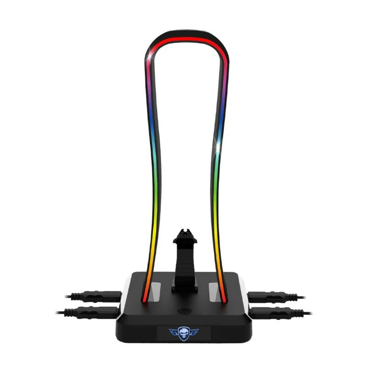 Ein Headset-Ständer mit Regenbogen-Lichteffekt. Er hat drei USB-Anschlüsse und ein Totenkopf-Logo.