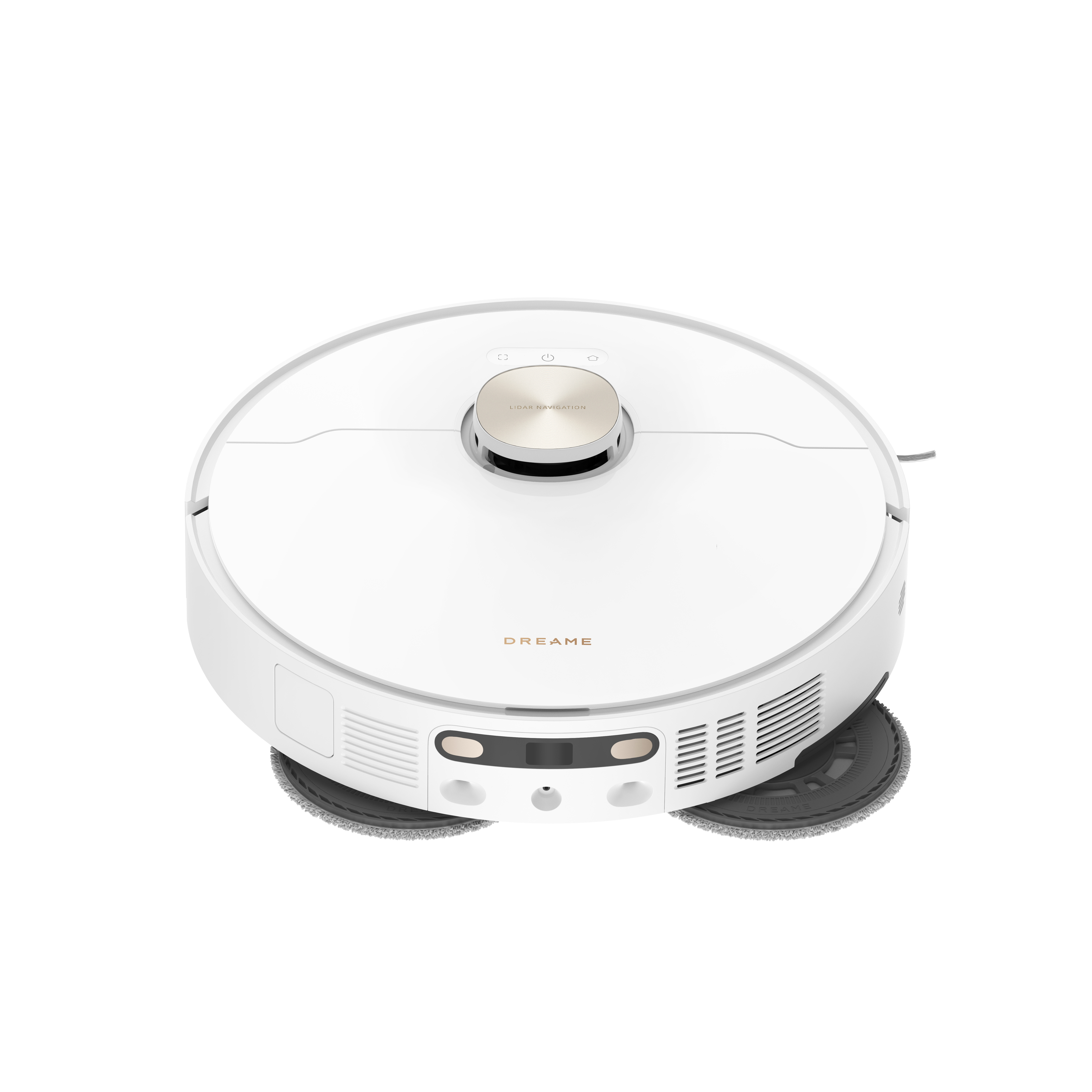 Een witte robotstofzuiger, met een ronde vorm en twee roterende pads.