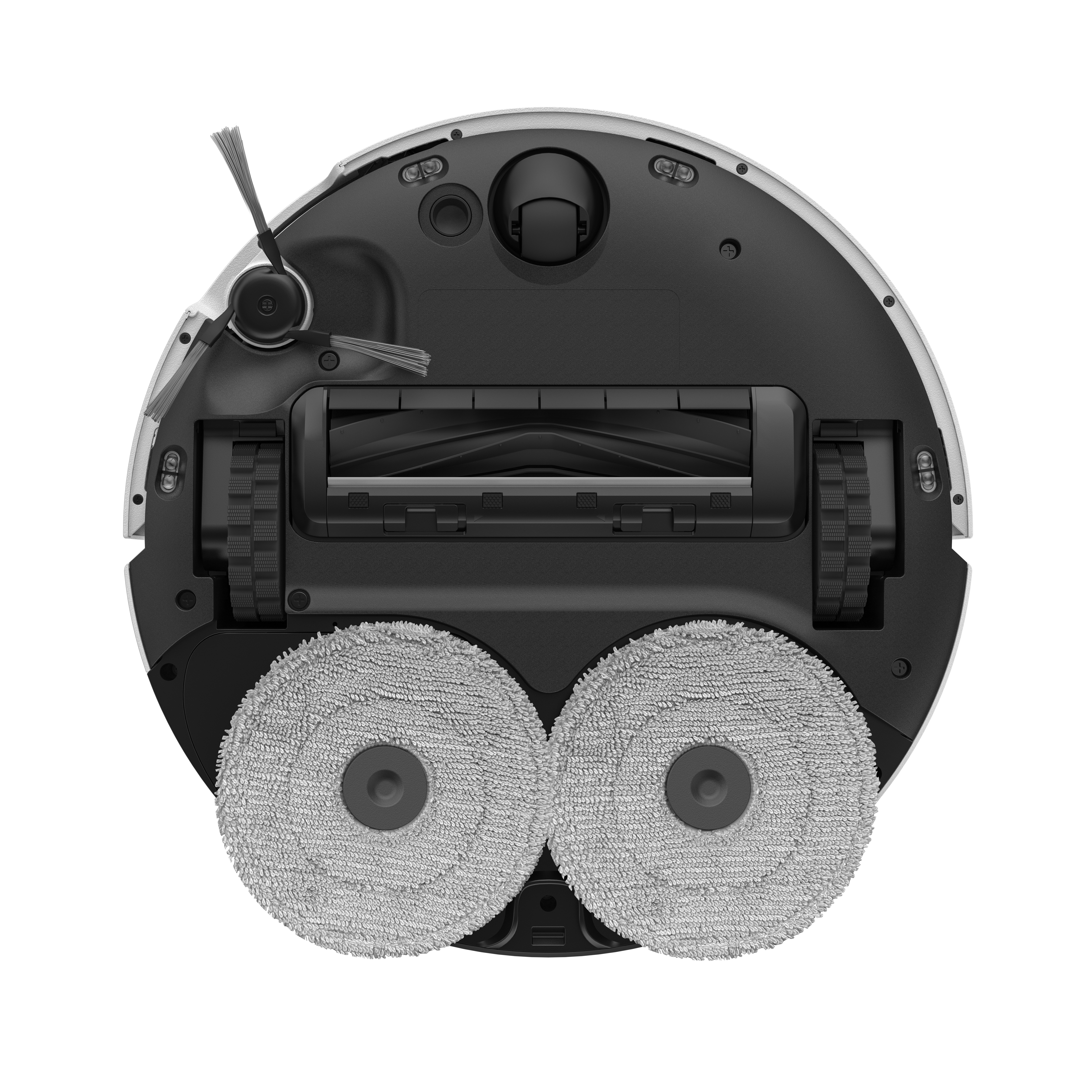 Onder aanzicht van robotstofzuiger: borstels, wielen en reinigingspads.