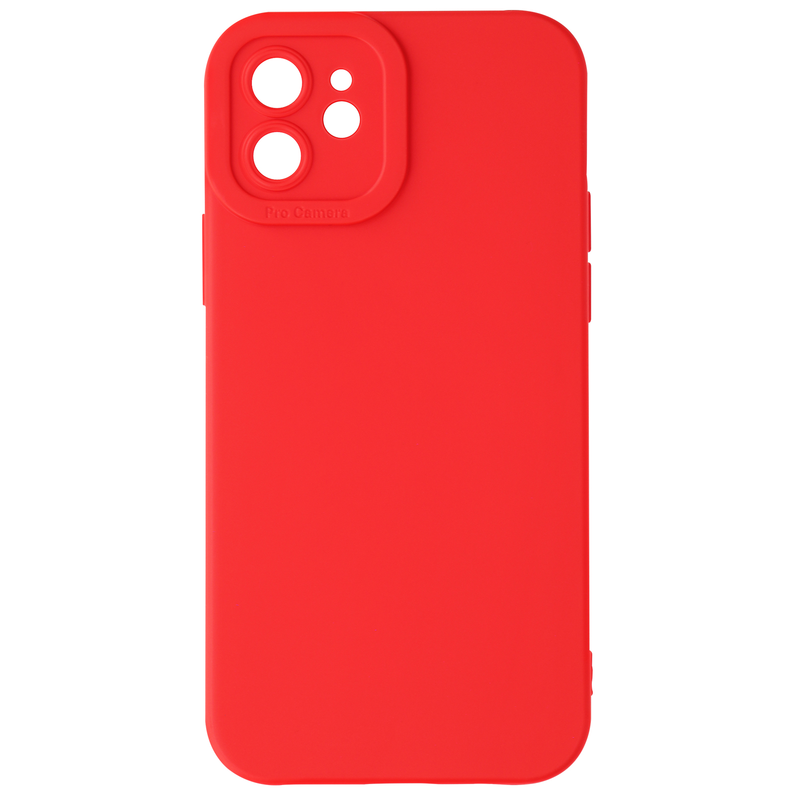 Custodia rossa per telefono su sfondo bianco. Sono visibili tre fori per la fotocamera.