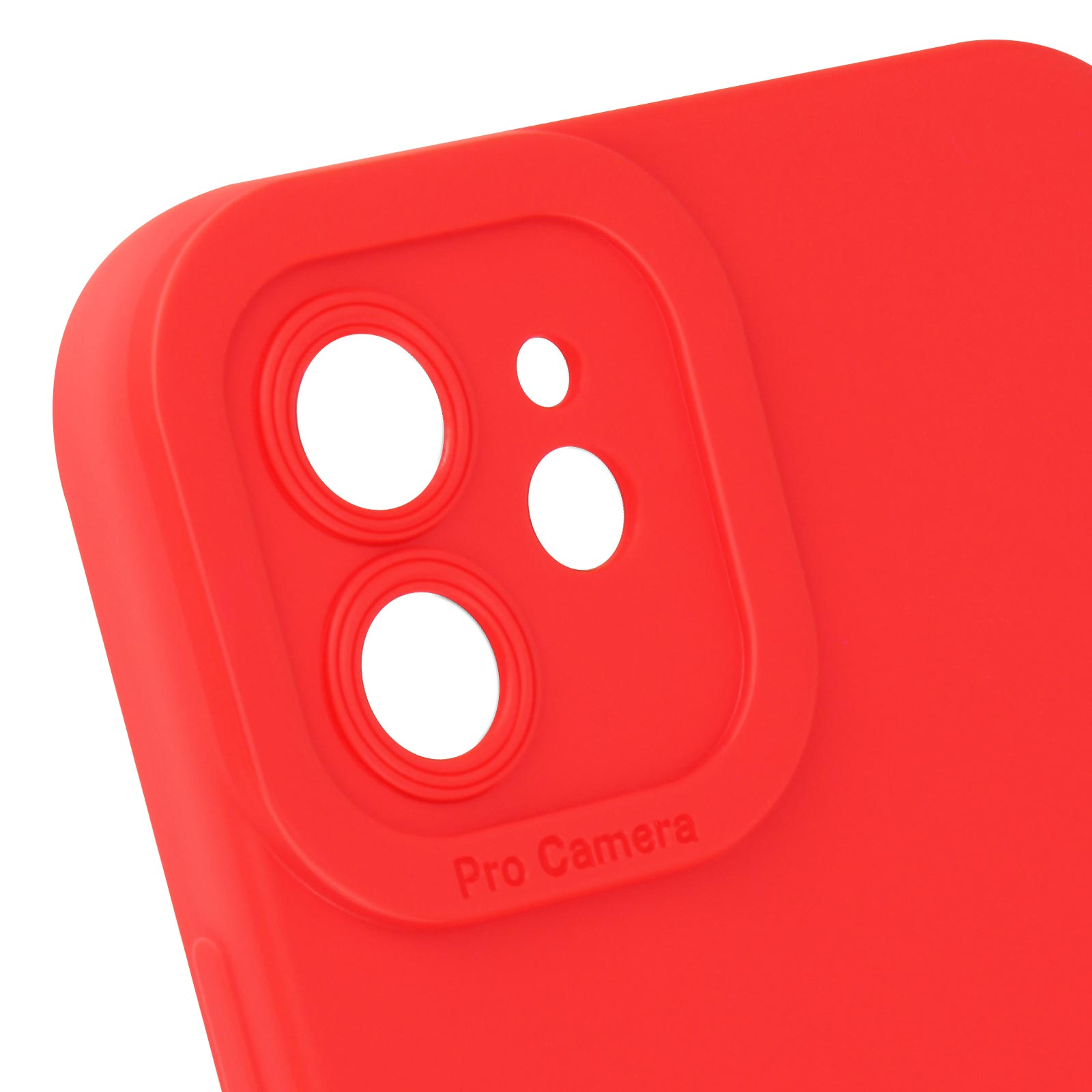 Custodia per telefono rossa con ritagli per fotocamera. Le parole "Pro Camera" sono visibili.