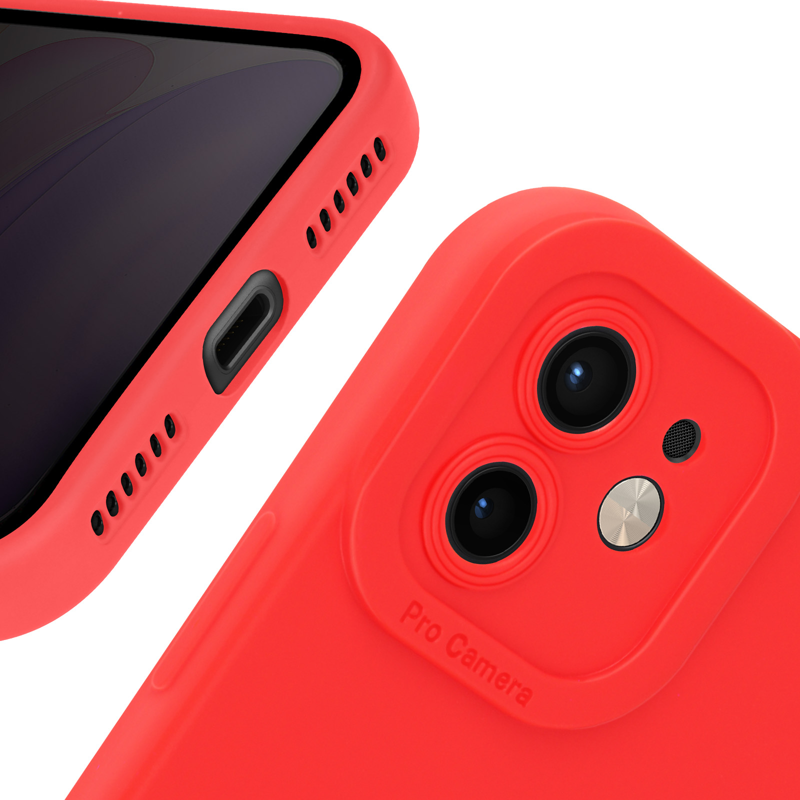 Primo piano di una custodia rossa per telefono con un ritaglio per la fotocamera. La fotocamera ha tre lenti e ci sono pulsanti laterali.