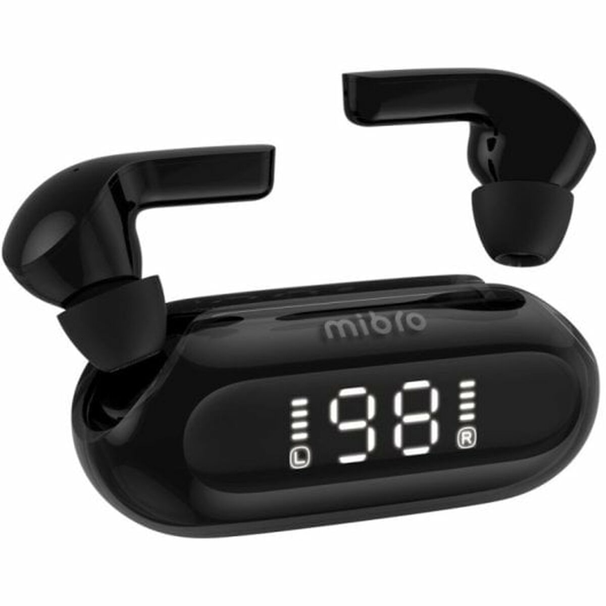 Auricolari wireless neri. La custodia ha un display digitale. Sfondo bianco.