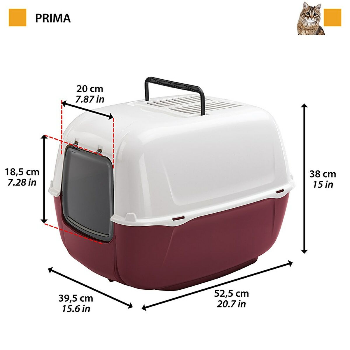 Una lettiera rossa e bianca con dimensioni. Un gatto in alto a destra.
