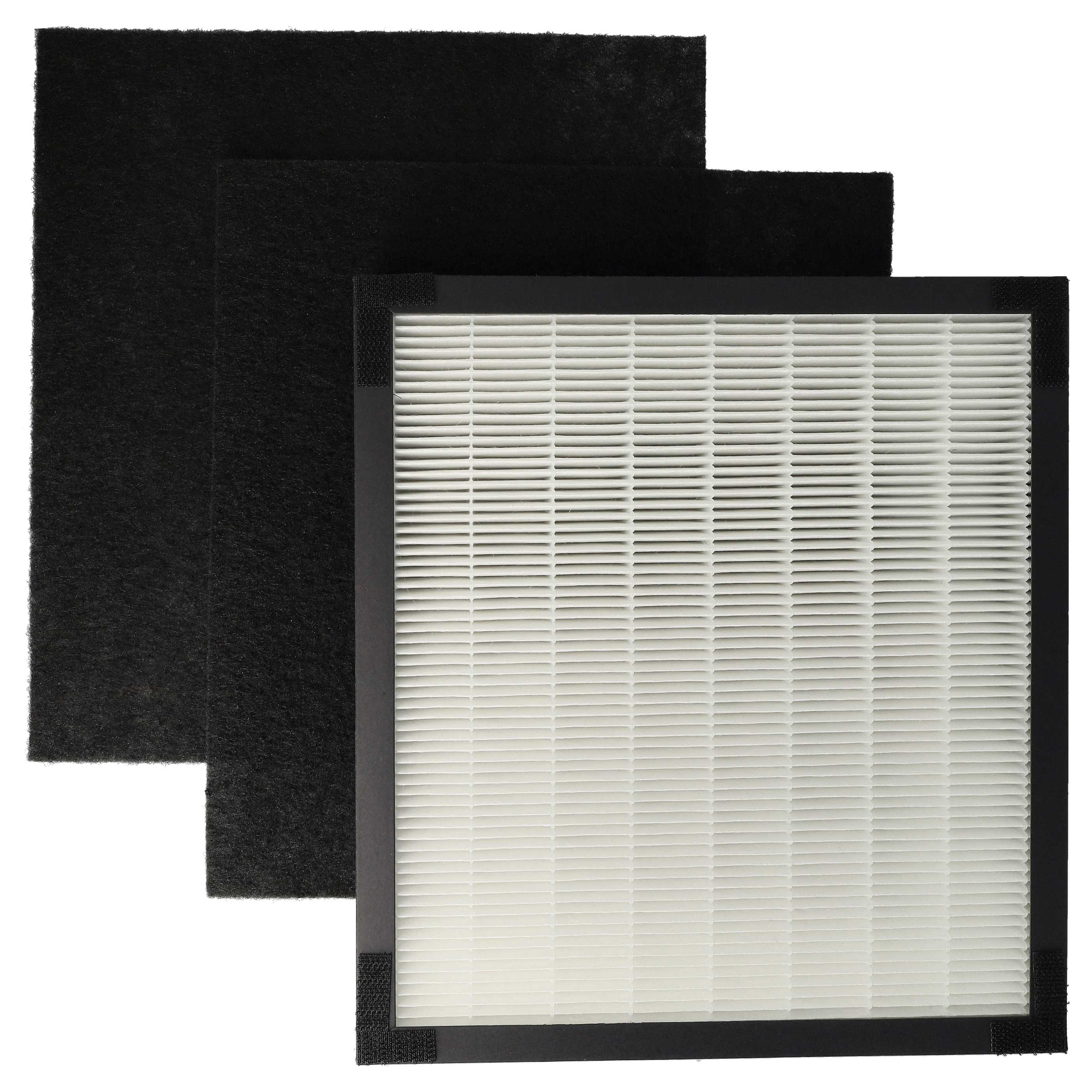 Luftfilterkomponenten. Drei schwarze Filterpads und eine weiß-schwarze Filtereinheit.