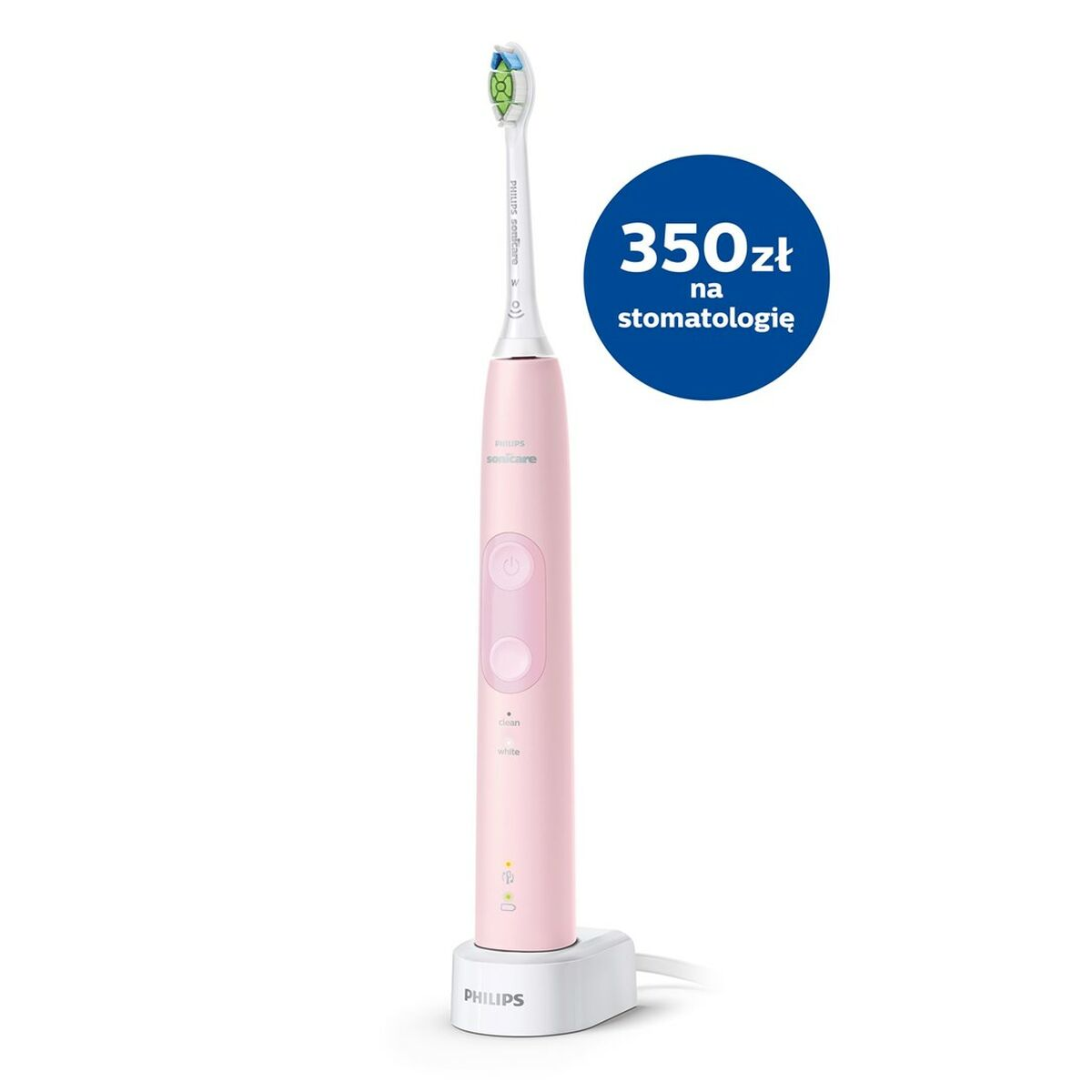 Un cepillo de dientes eléctrico rosa y base de carga. Un círculo azul con texto en el fondo.