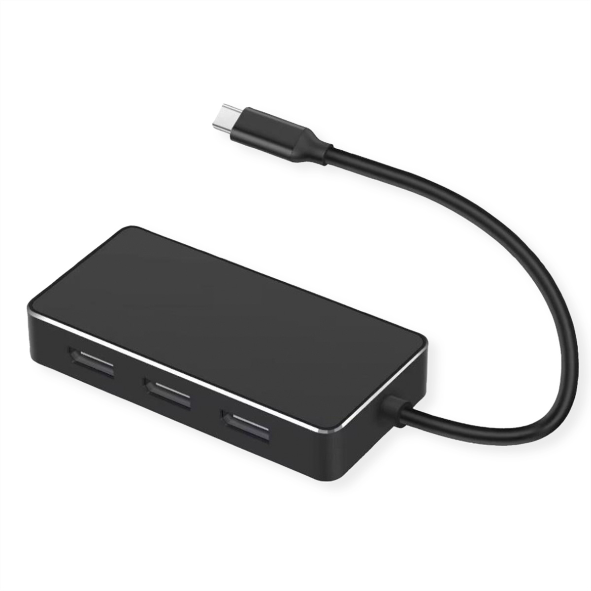 Un hub USB noir avec trois ports USB et un câble USB-C qui s'étend sur le côté.