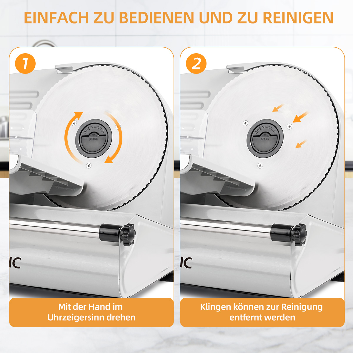 Diagramm zur Drehung einer Schneidklinge und deren Entfernung zur Reinigung.