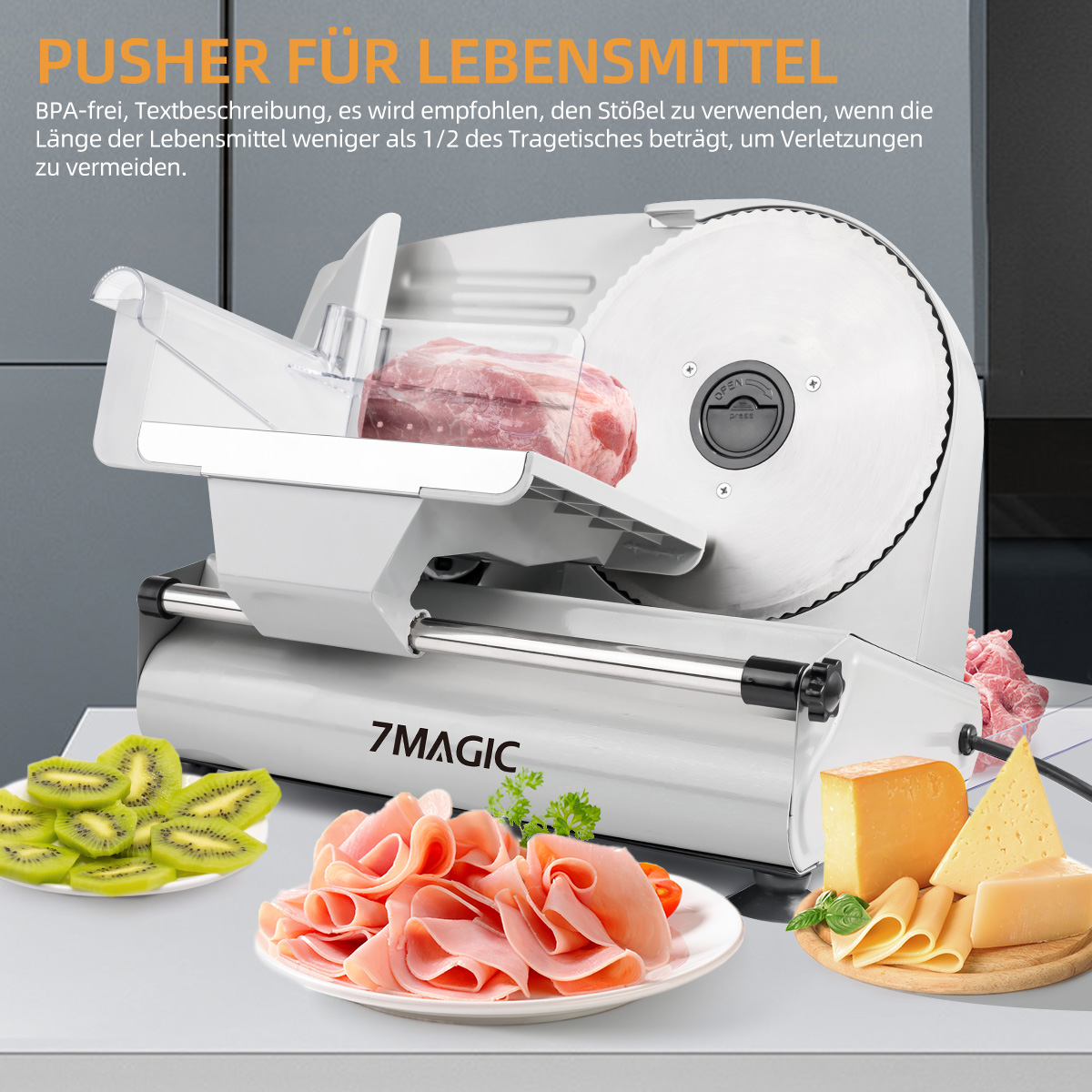 Fleischschneider mit Kiwi-Scheiben, Schinken, Käse und Text: Pusher für Lebensmittel.