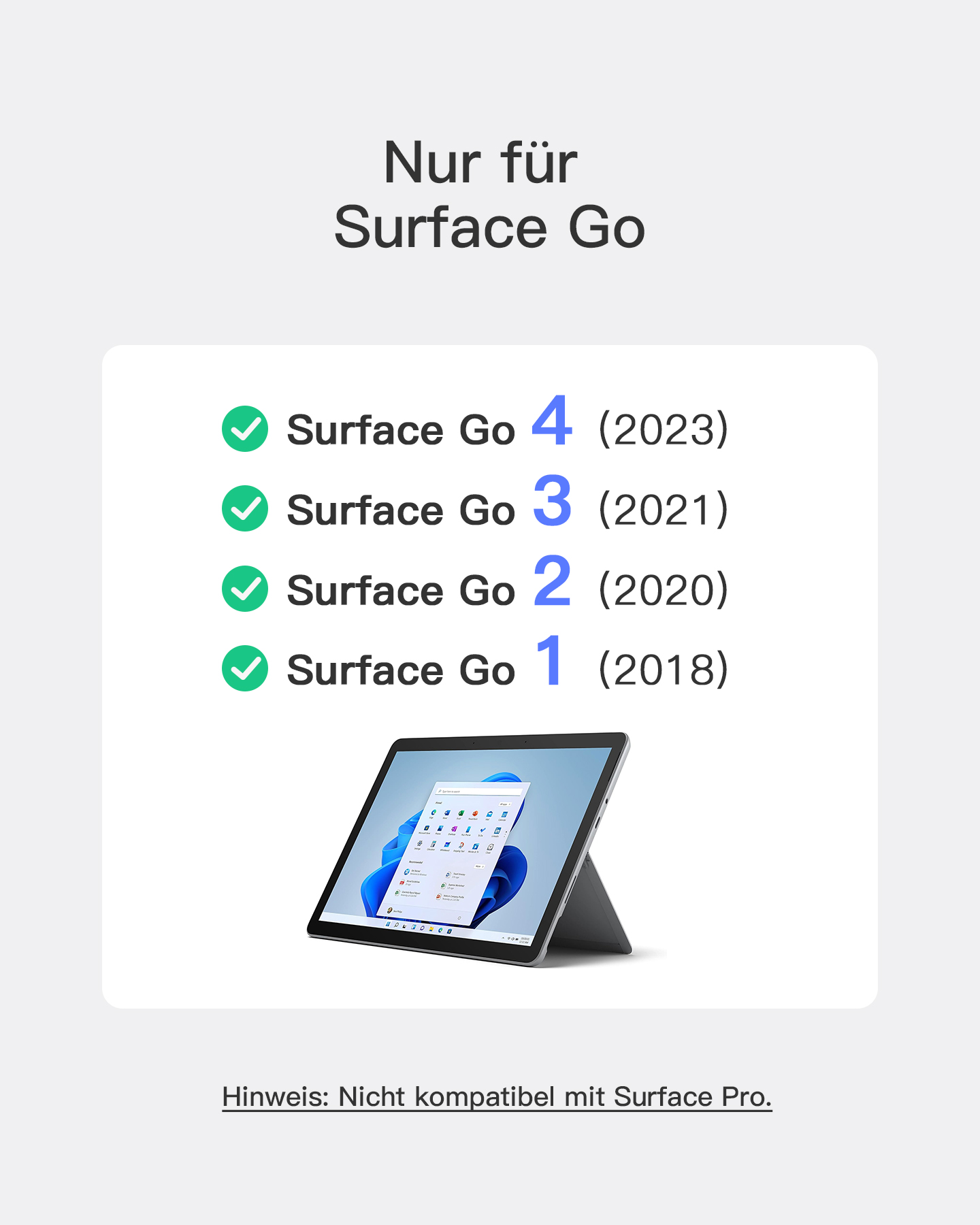 Elenco dei modelli Surface Go. Tablet mostrato. Testo: 'Non compatibile con Surface Pro'.