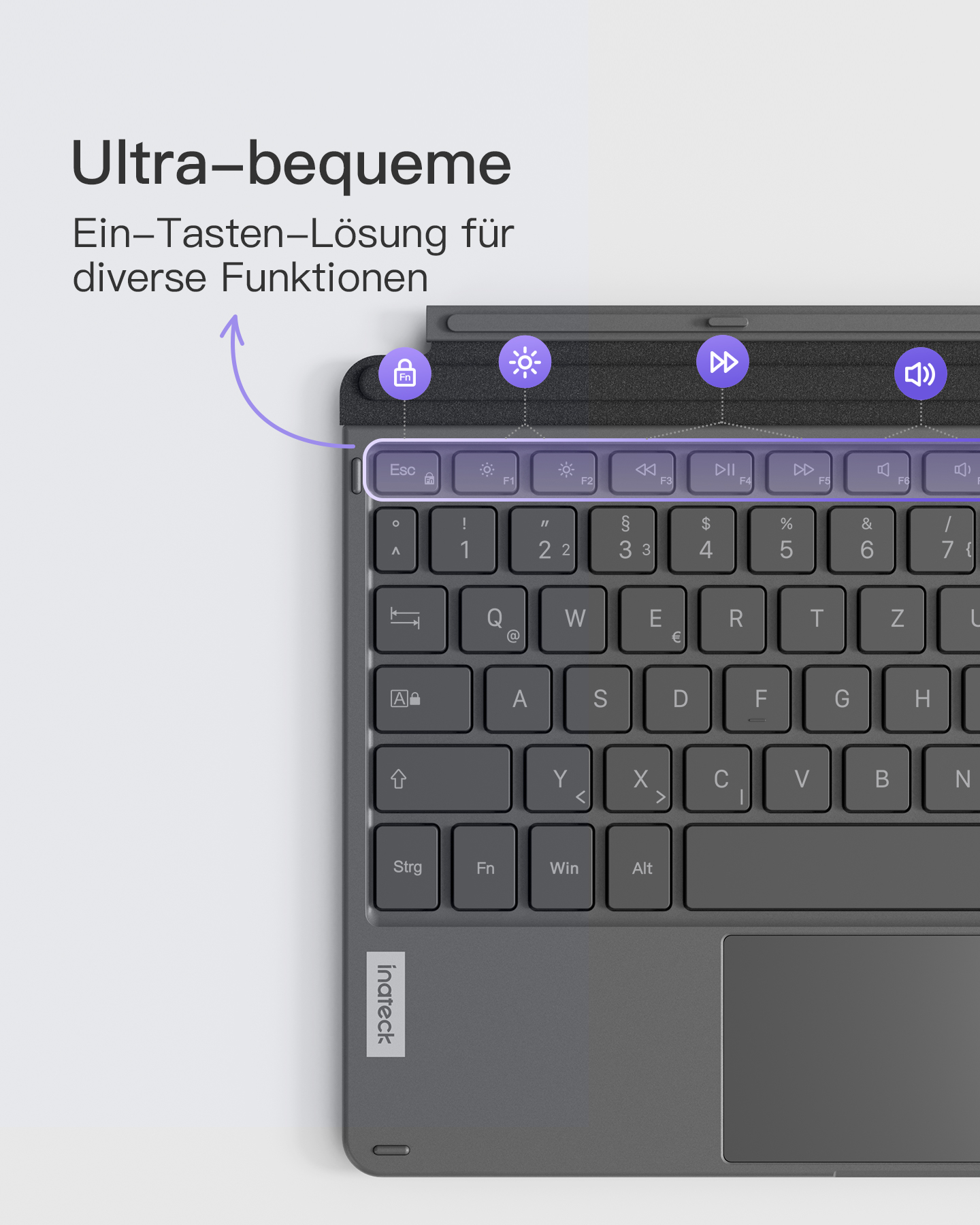 Tastiera collegata a un tablet, con un trackpad e tasti funzione, con un'etichetta Inateck.