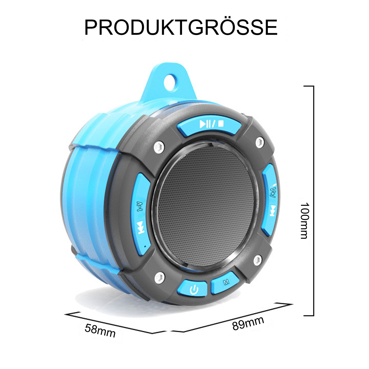 Ein kleiner, blau-grauer Lautsprecher mit den Maßen: 58 mm x 89 mm x 100 mm. Der Text: PRODUKTGRÖSSE.