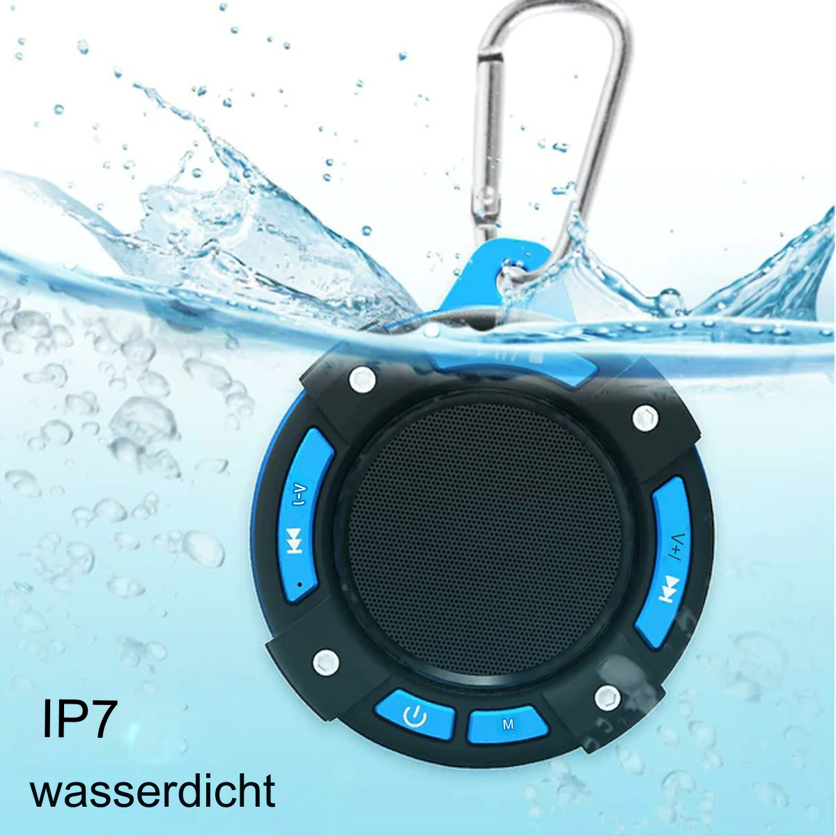 Runder schwarzer und blauer wasserdichter Lautsprecher, der in Wasser getaucht ist, silberner Karabinerhaken befestigt.