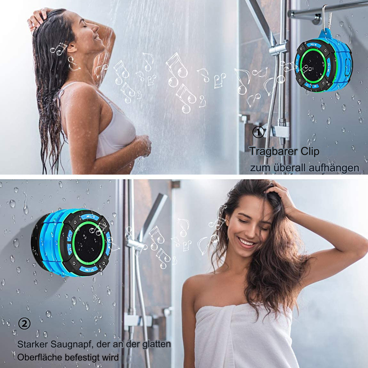 Personen duschen und verwenden einen blauen wasserdichten Lautsprecher. Wassertropfen.