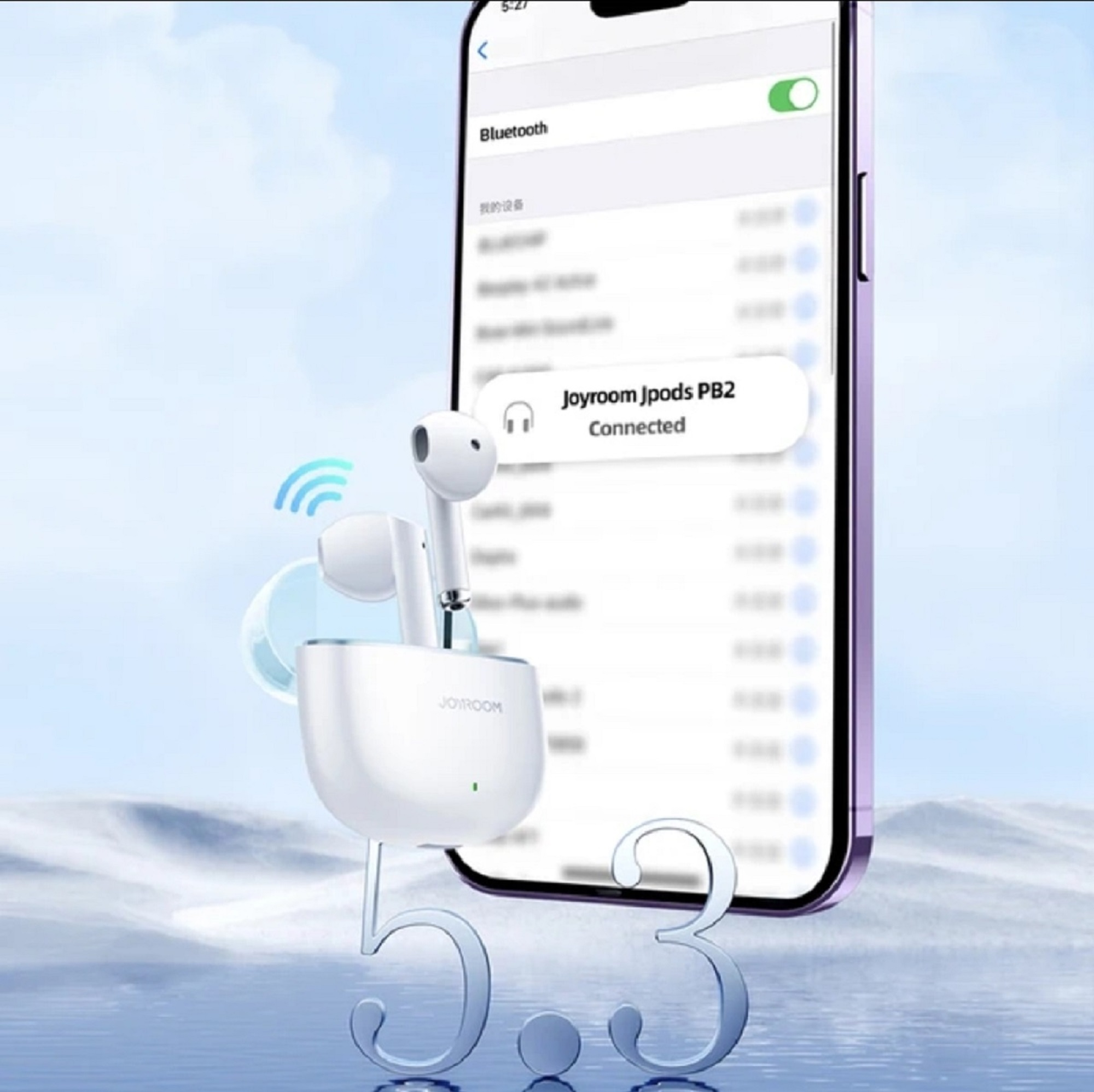 Weiße Joyroom Jpods PB2 Ohrhörer, Ladecase und Telefon mit Bluetooth-Verbindung.