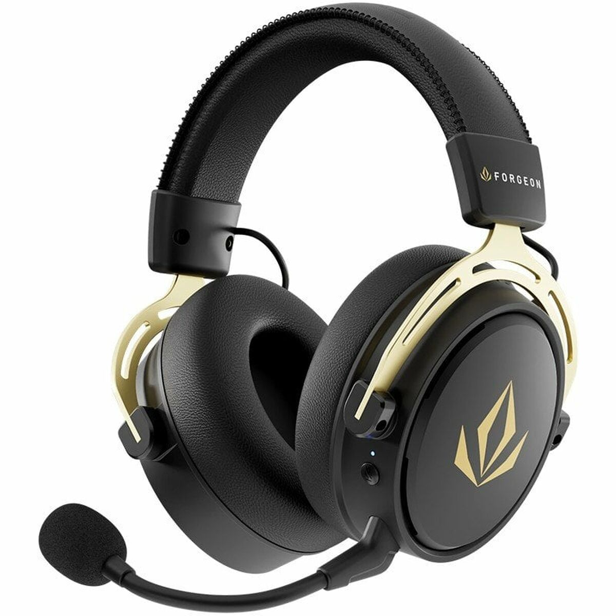 Cuffie da gaming nere e oro con microfono, su sfondo bianco.