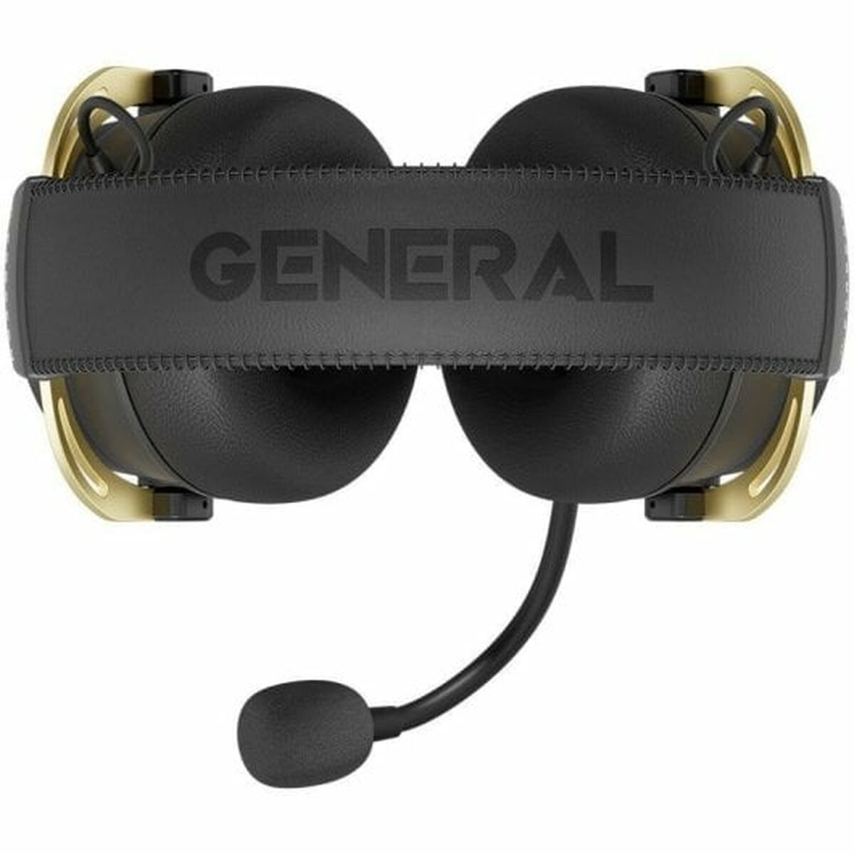 Cuffie nere e oro con un microfono a braccio collegato. La parola 'GENERAL' è sull'archetto.