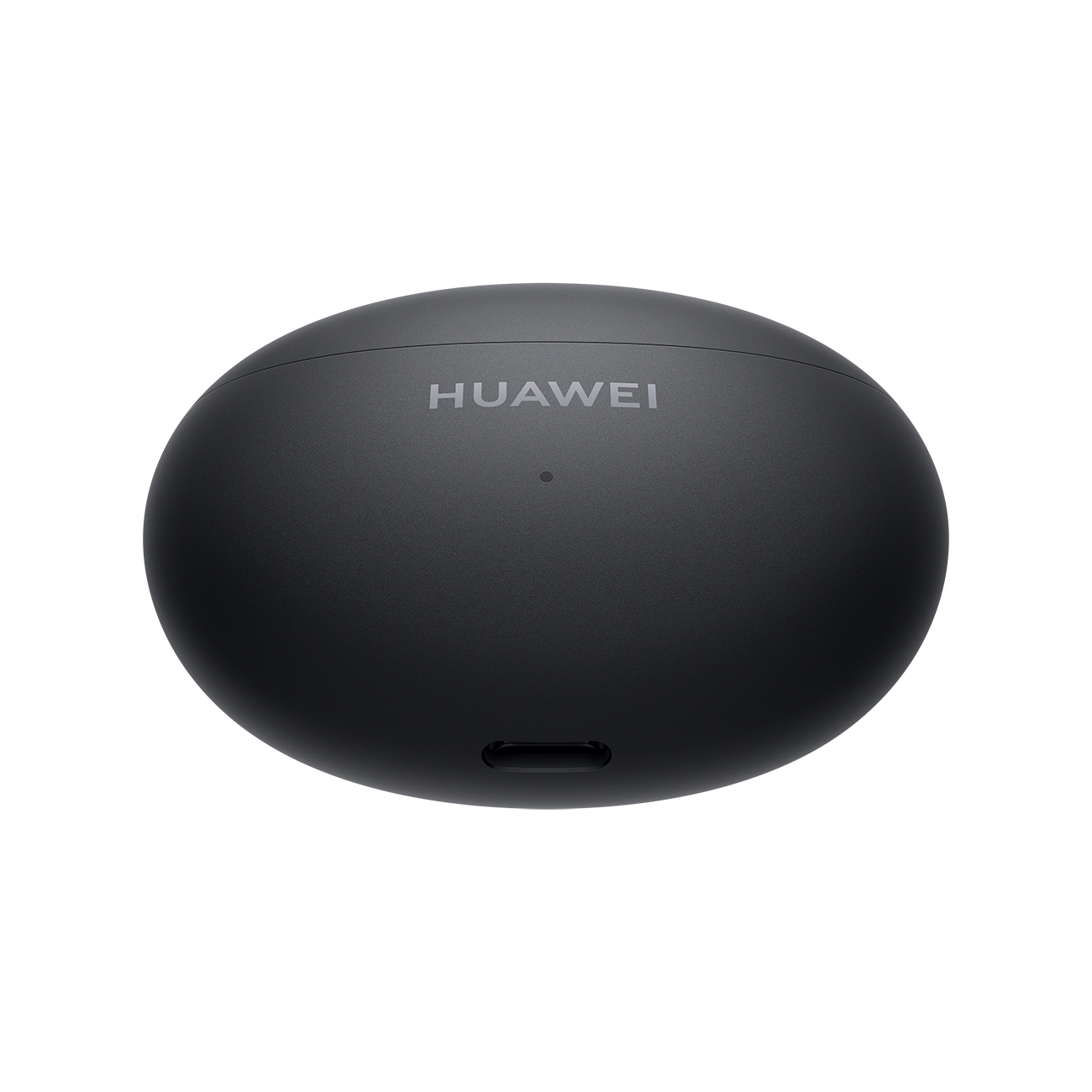 Estuche de carga para auriculares de forma ovalada y color negro con el logo 'HUAWEI'.