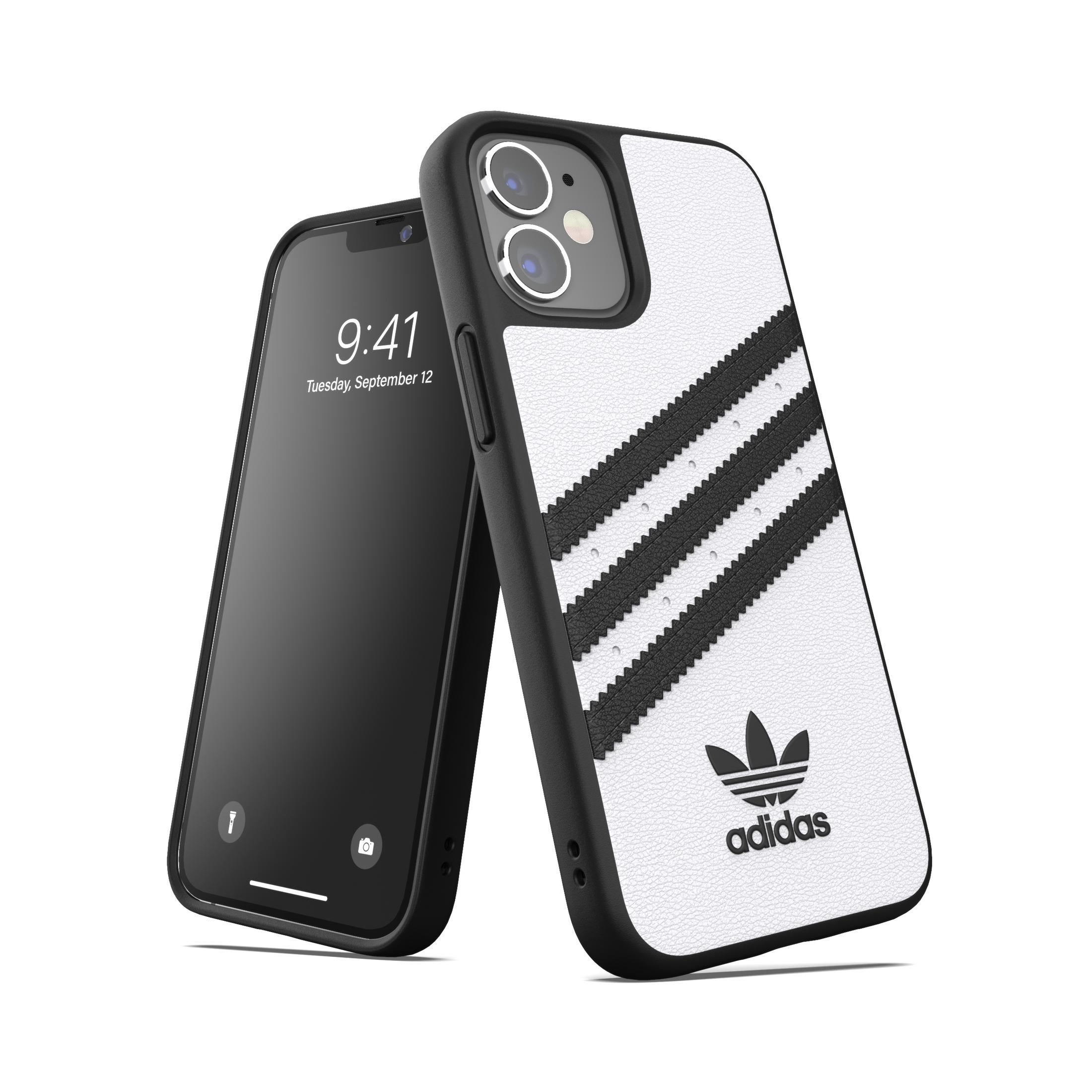 Custodia per telefono Adidas bianca e nera con tre strisce e logo. Telefono accanto.