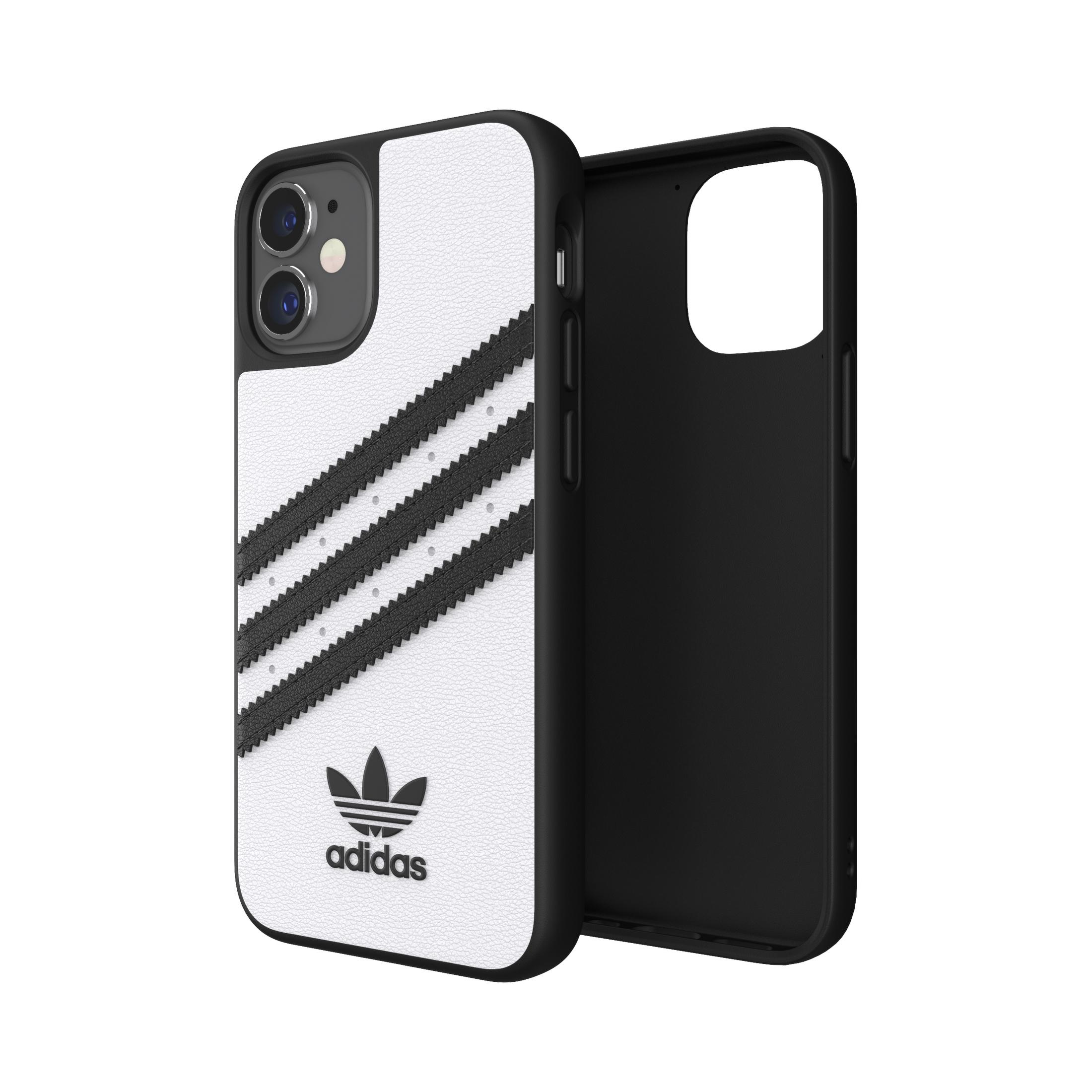 Custodia per telefono bianca con strisce e logo Adidas, con interno nero.