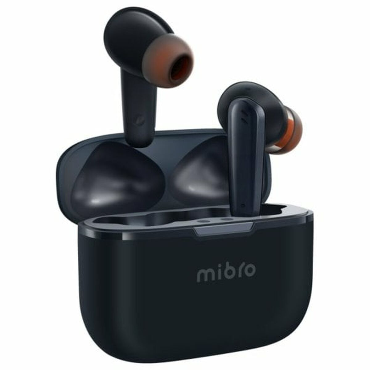 Auricolari mibro neri in custodia di ricarica. Auricolari e custodia sono neri.