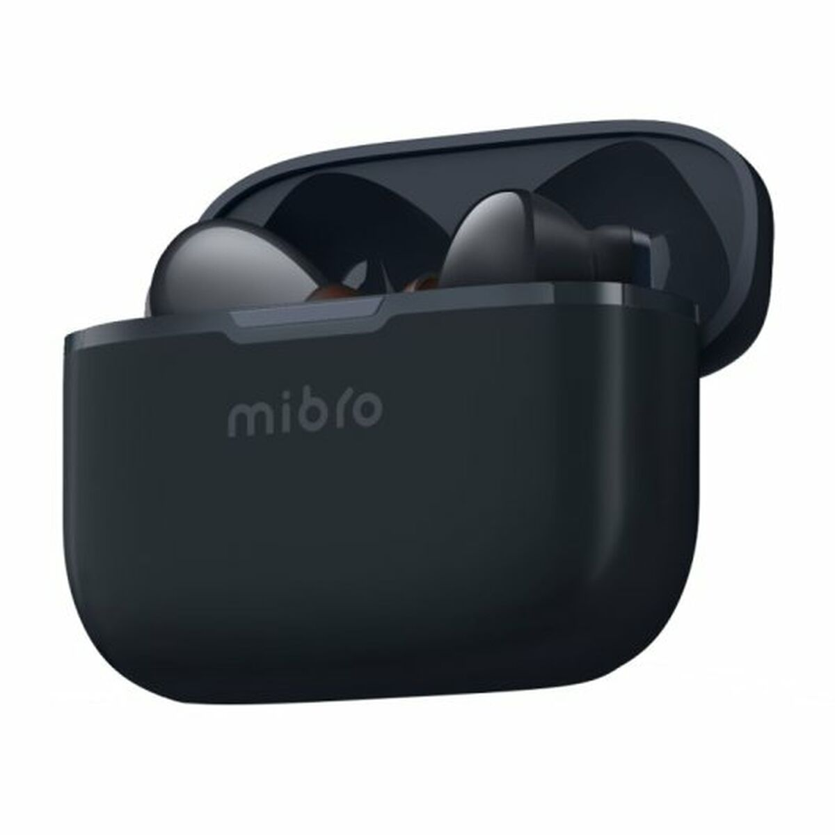 Custodia nera per auricolari aperta con auricolari all'interno. Il marchio è 'mibro'.