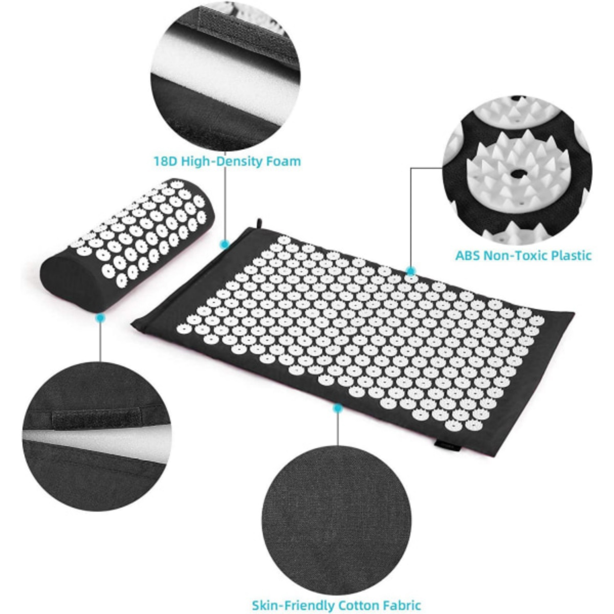Akupressurmatte und -kissen mit Diagrammen. Die Matte und das Kissen sind schwarz und haben weiße Punkte.
