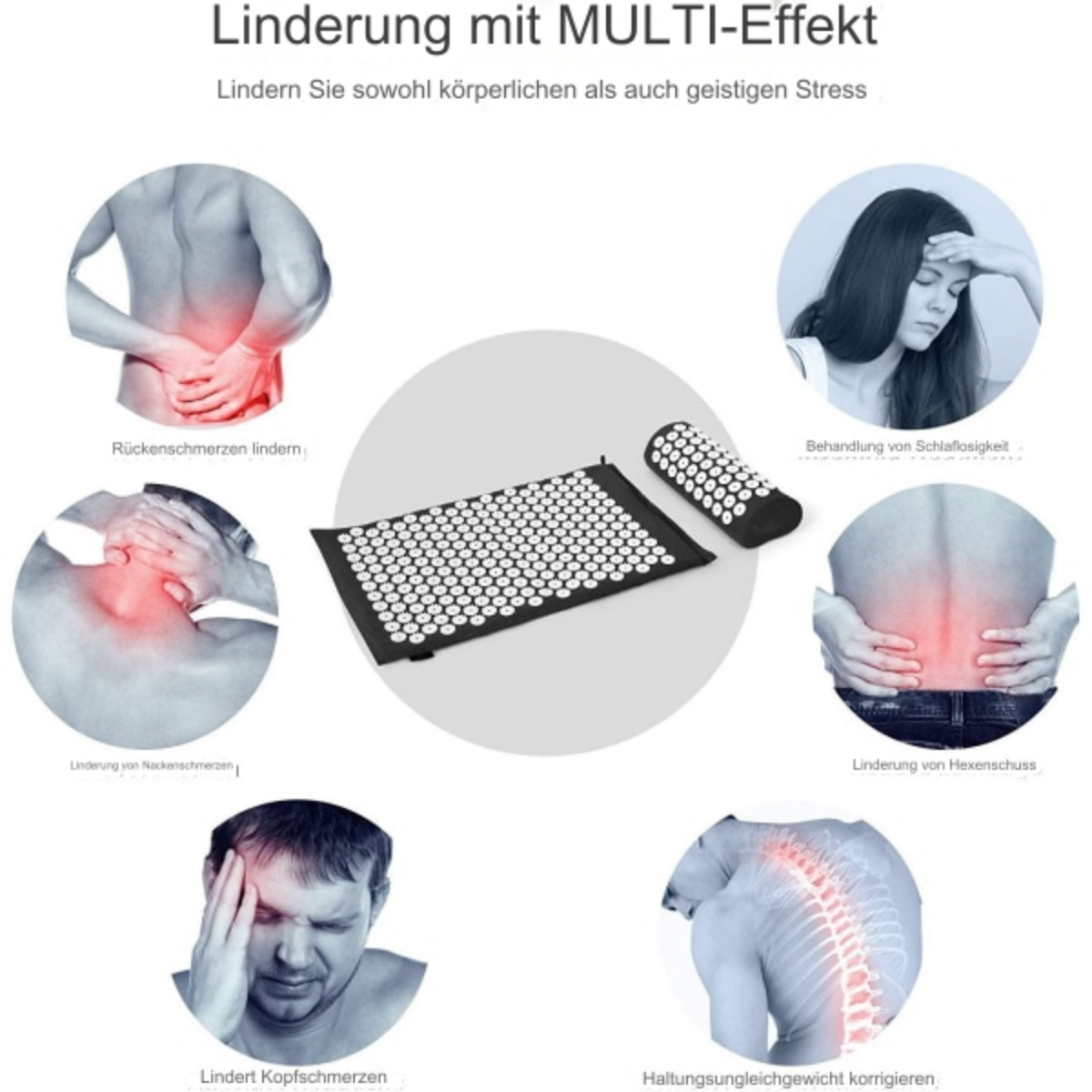 Das Bild zeigt eine Matte mit weißen Stacheln und mehrere Bilder von Menschen, die Schmerzen in verschiedenen Bereichen haben.