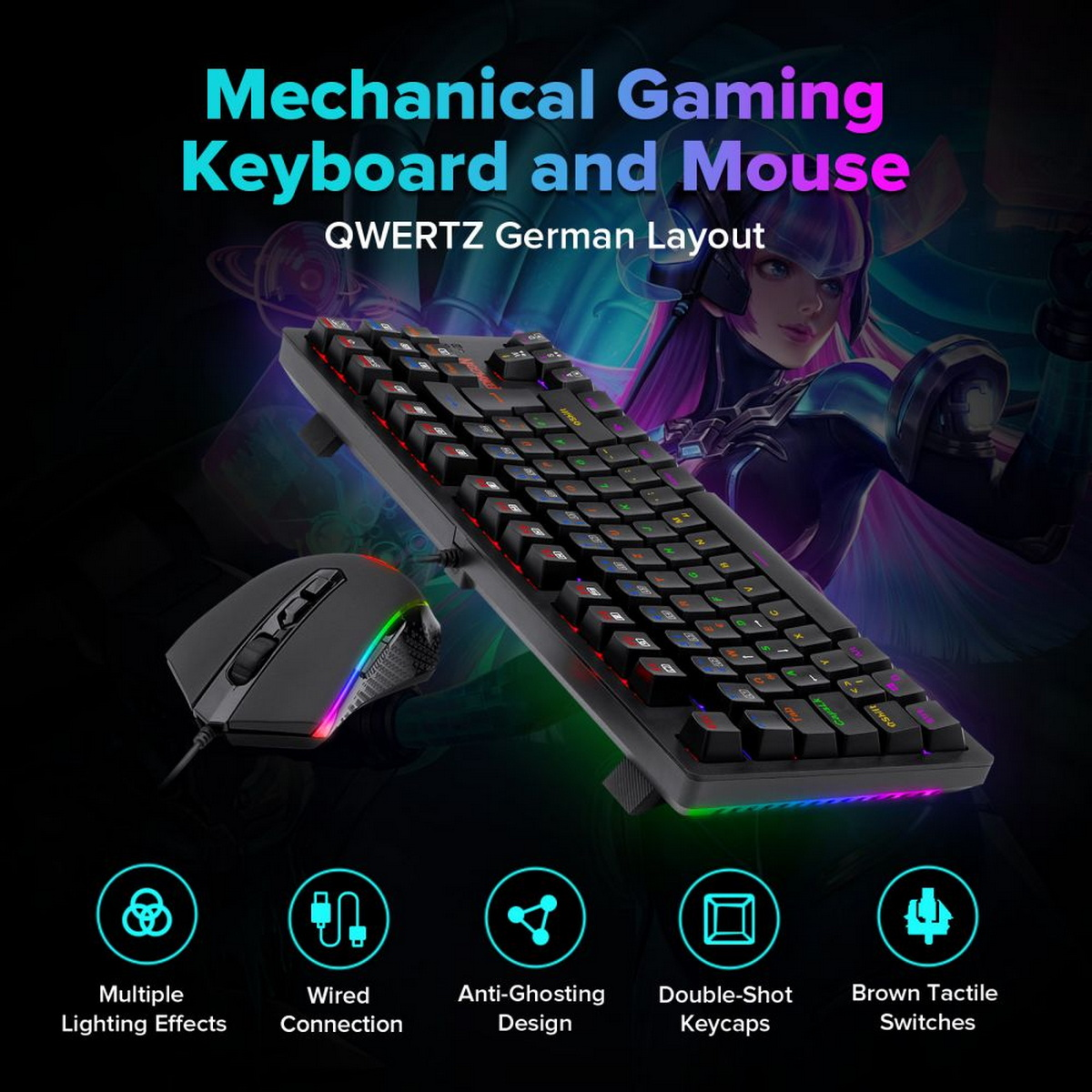Czarna klawiatura i mysz do gier. Ma wiele efektów świetlnych, połączenie przewodowe i anti-ghosting.