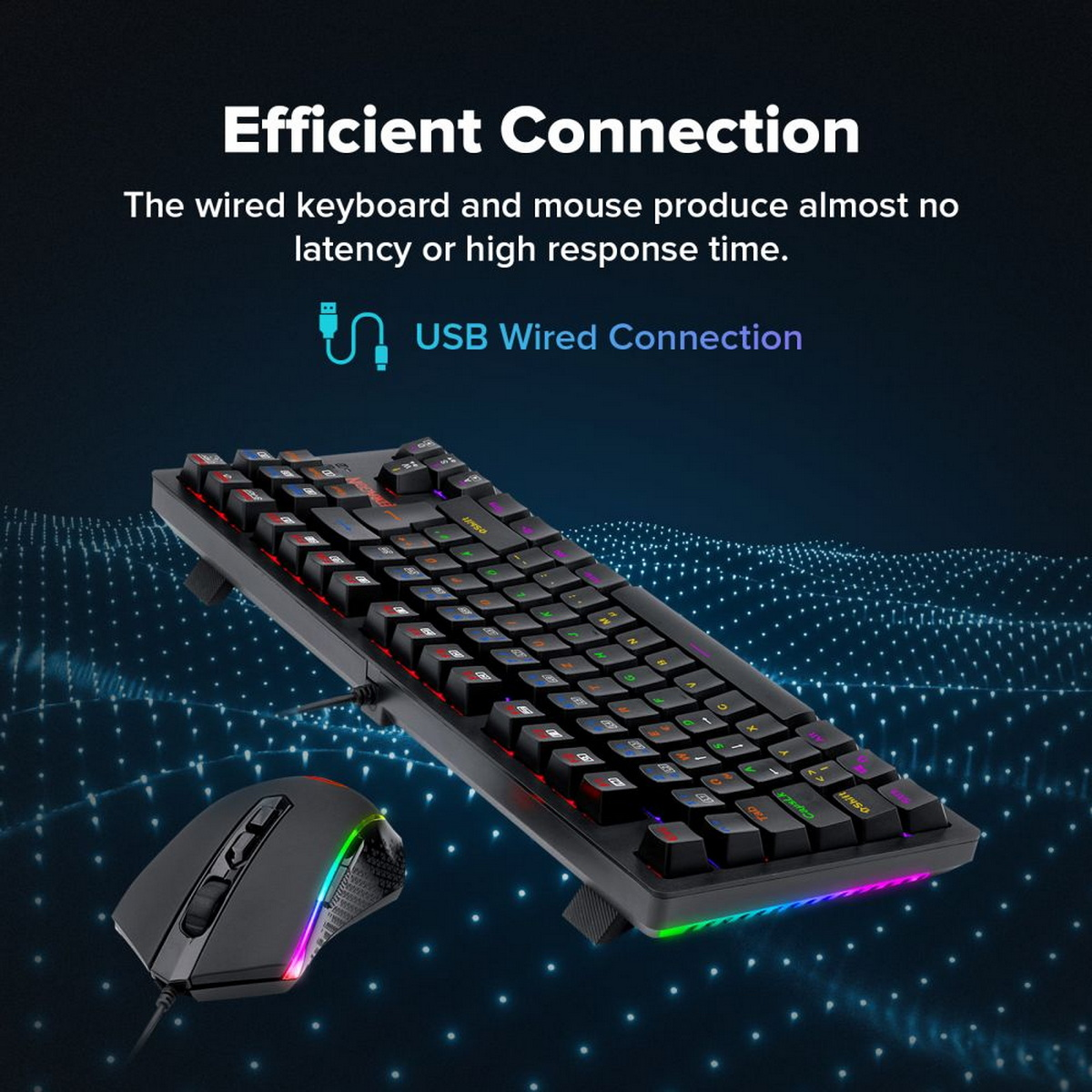 Czarna klawiatura i mysz z podświetleniem RGB. Tekst: Wydajne połączenie, Połączenie USB przewodowe.
