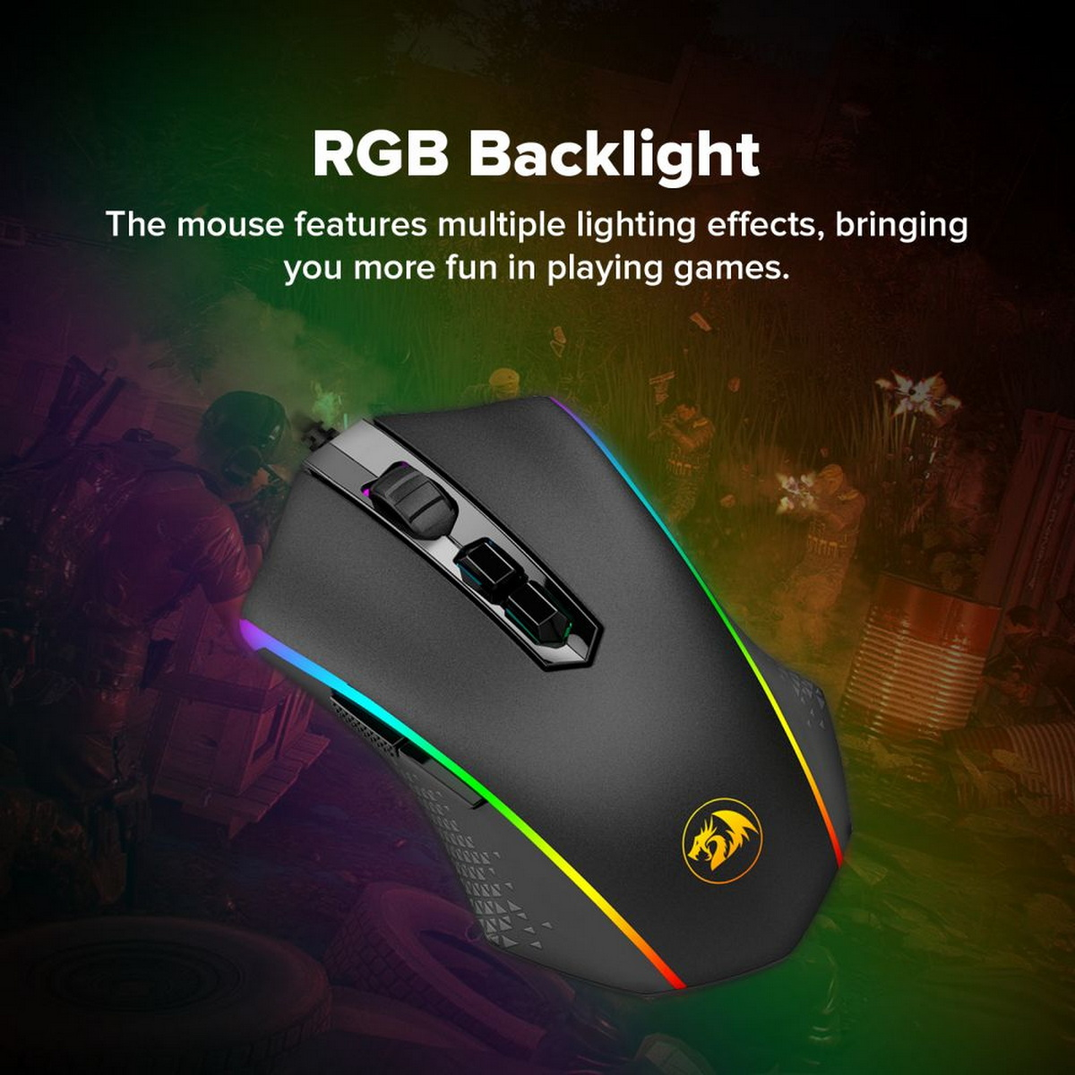 Eine schwarze Gaming-Maus mit RGB-Beleuchtung, vor dunklem Hintergrund.