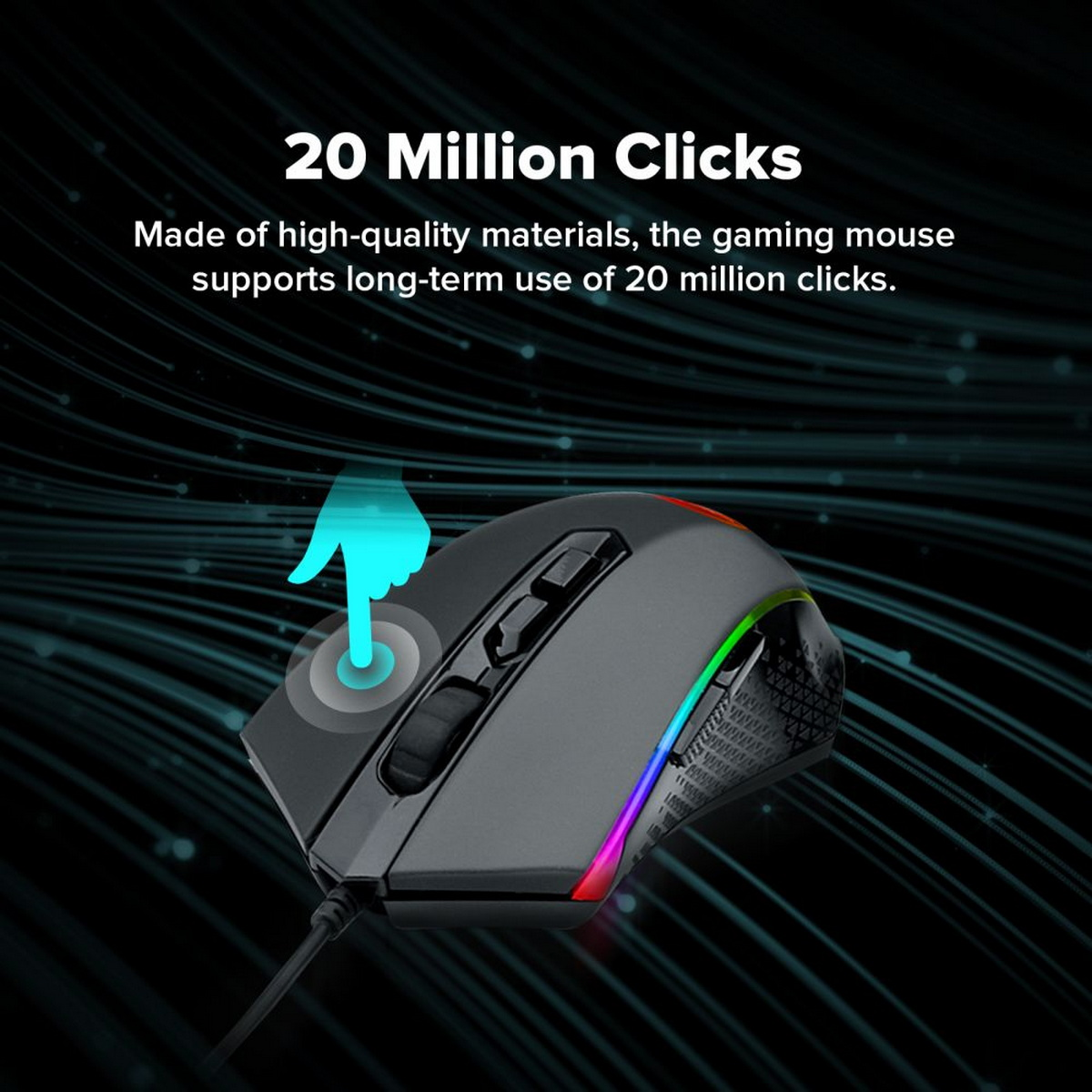 Czarna mysz do gier z tęczowymi światłami i strzałką wskazującą przycisk lewego kliknięcia.