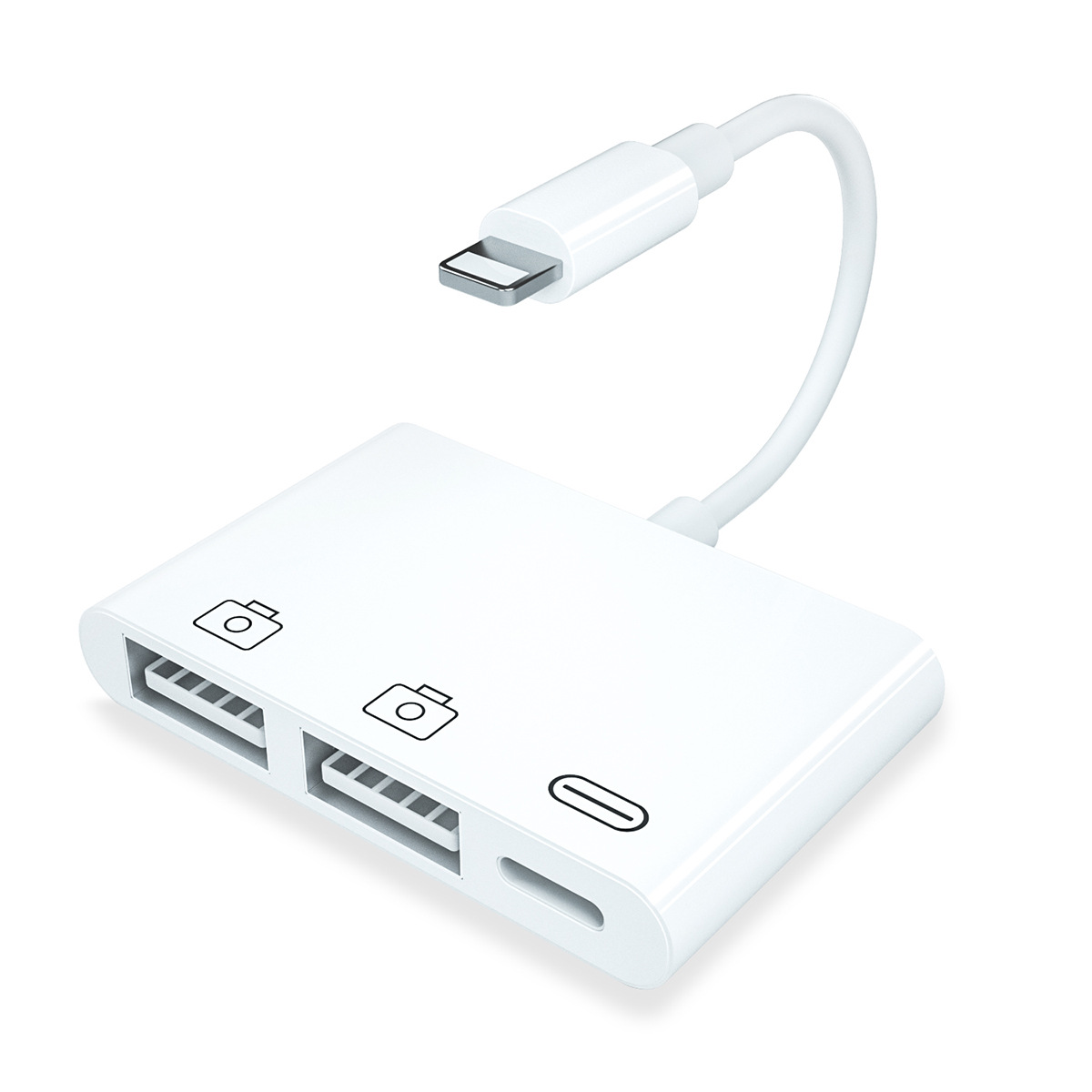 Weißer Adapter mit USB-C-Anschluss und zwei USB-Anschlüssen sowie einem Lightning-Anschlusskabel.