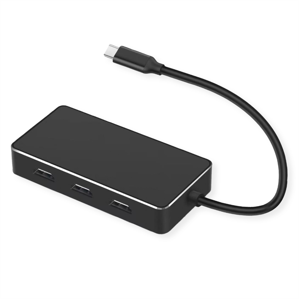 Hub USB-C noir avec trois ports HDMI et un câble USB-C sur fond blanc.