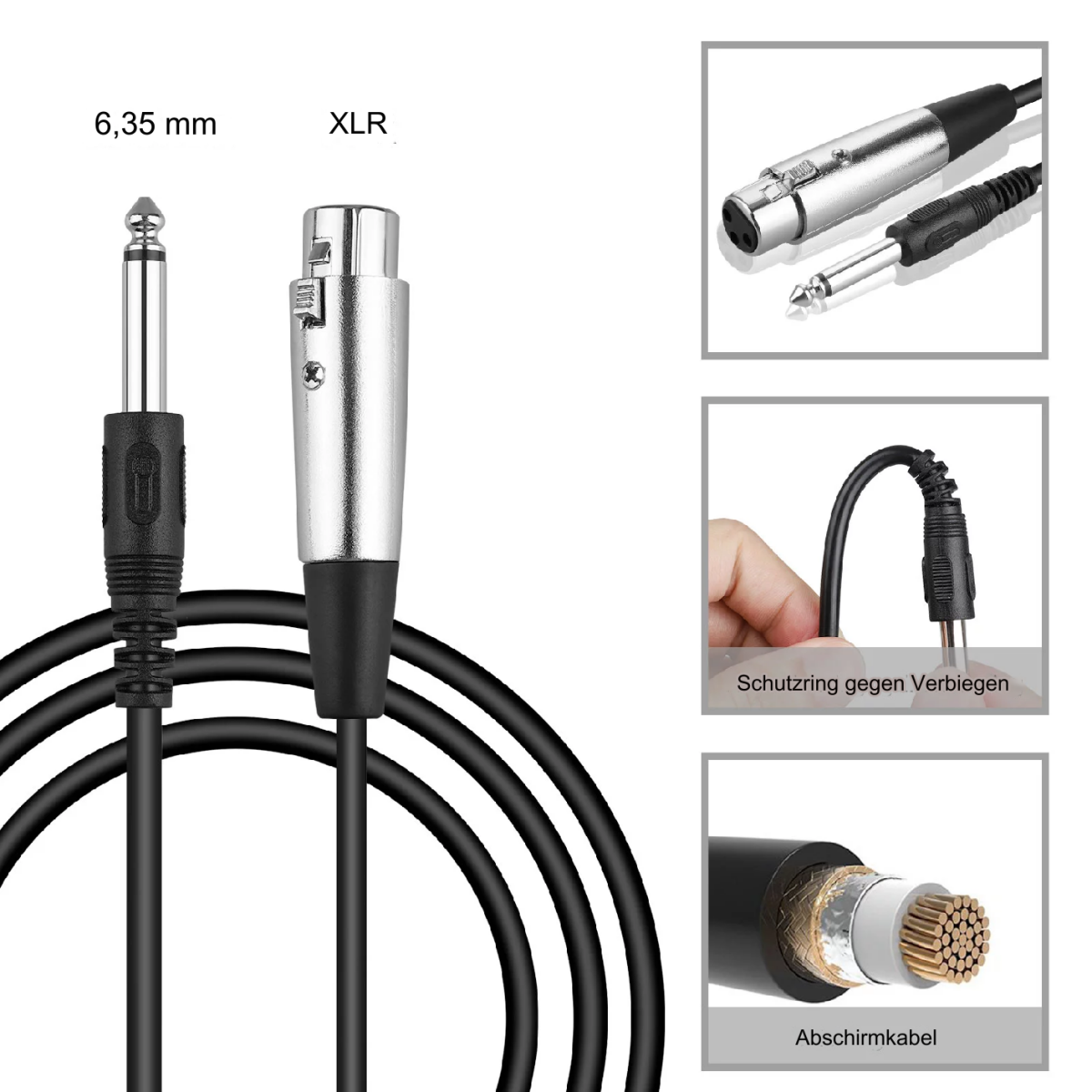 Zwei Audiokabel, einmal 6,35 mm, einmal XLR, mit Etiketten und Nahaufnahmen von Steckern und Kabelquerschnitt.