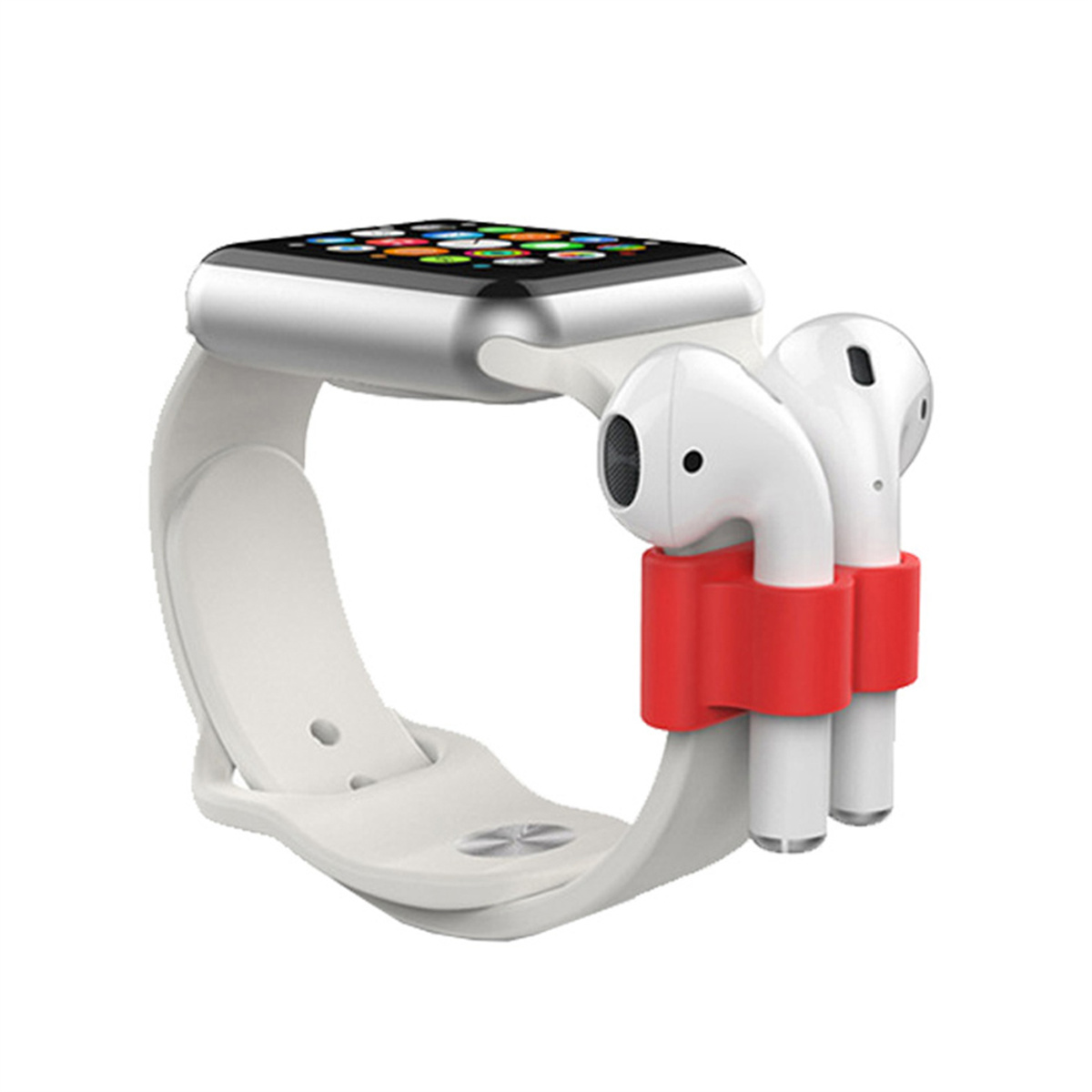 Weiße Smartwatch mit Ohrhörern und rotem Halter. Weißer Hintergrund.