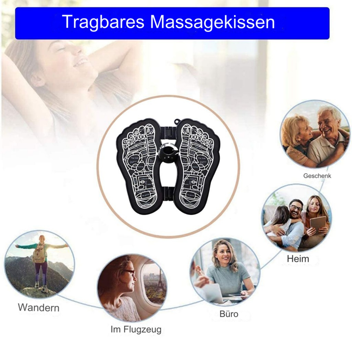 Fußmassagegerät und Bilder von Menschen, die es in verschiedenen Szenarien verwenden.