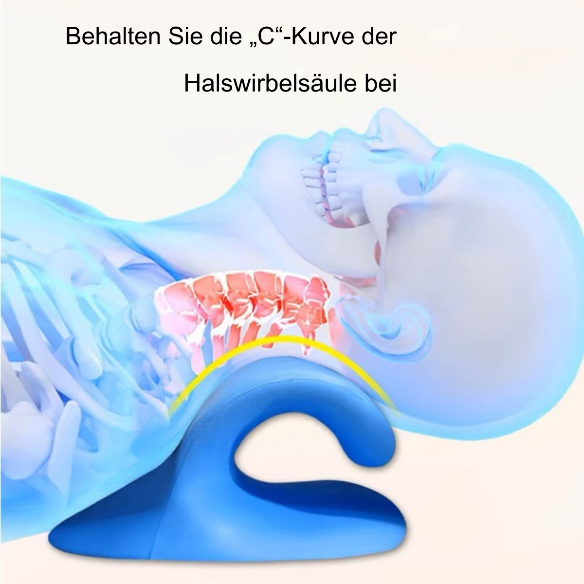 Blaue Nackenstütze vor blau getöntem Körperumriss. Zeigt die Wirbelsäule mit gelber Kurve zur Unterstützung.