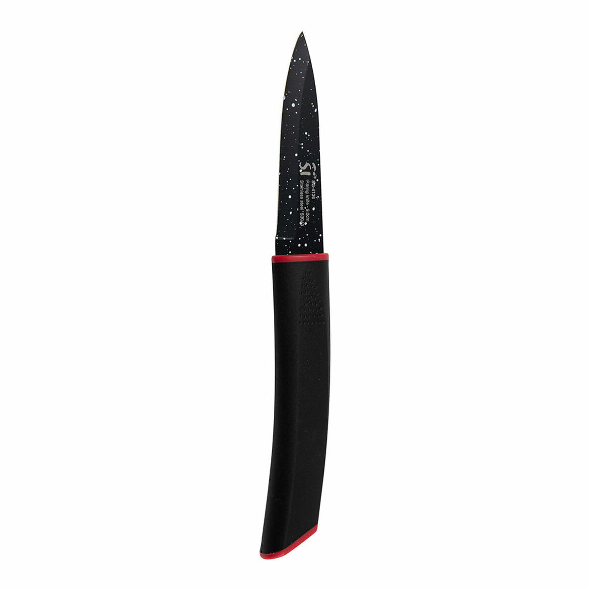 Cuchillo negro y rojo con una hoja moteada y un mango negro, aislado sobre fondo blanco.