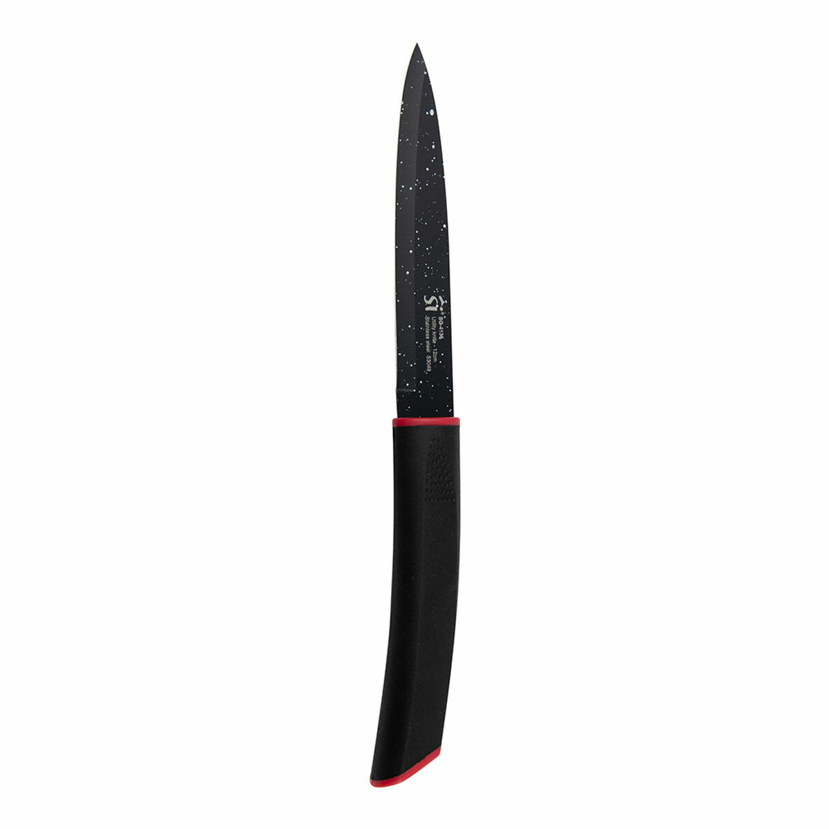 Cuchillo negro con hoja moteada, detalle de mango rojo y mango negro curvo. Fondo blanco.