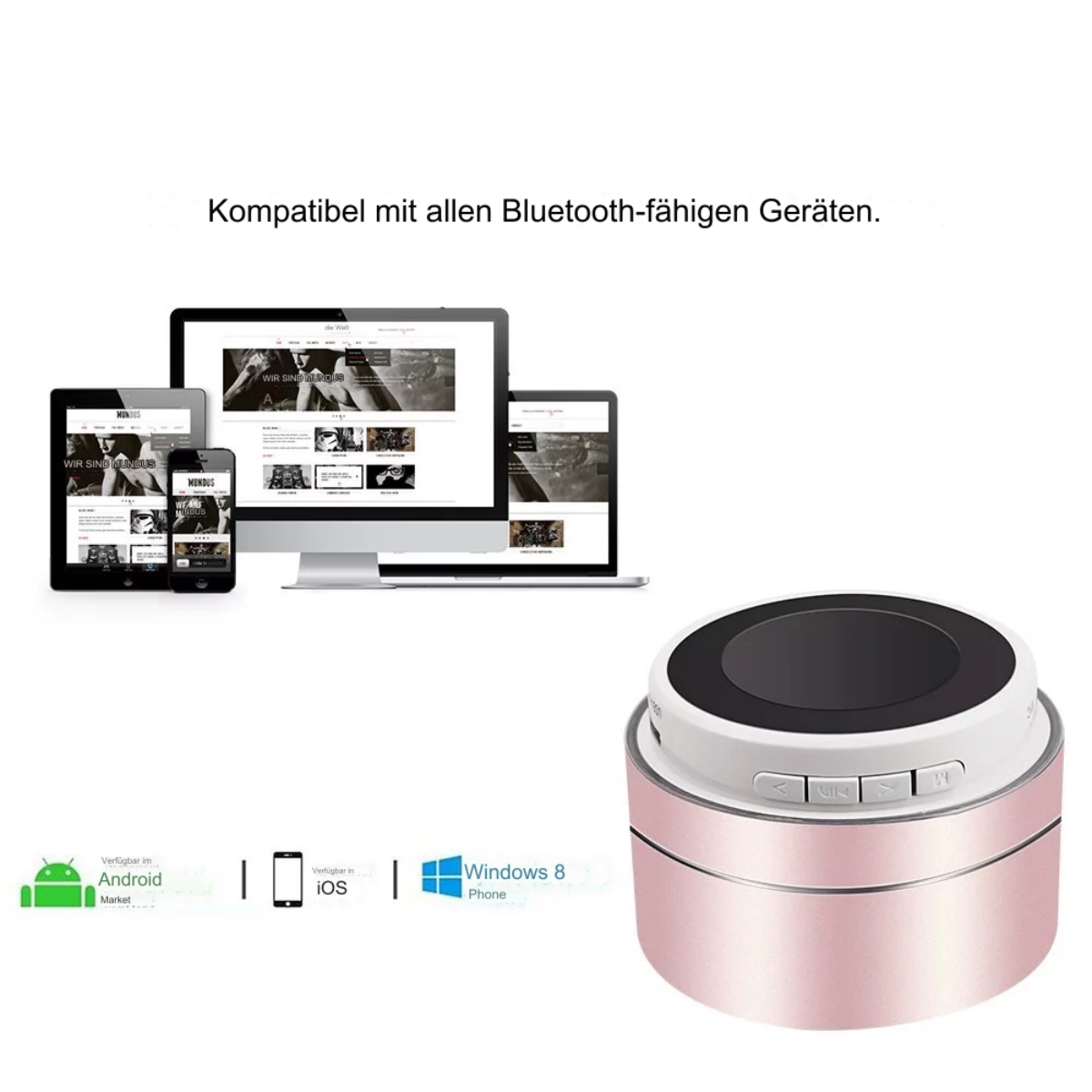Roségoldener Lautsprecher mit schwarzem Oberteil neben Tablet, Telefon und Computerbildschirm.