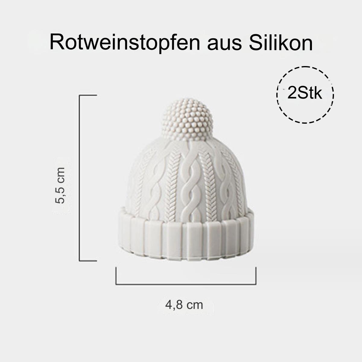 Weißer Silikon-Weinverschluss in Mützenform, mit Maßangaben. Weißer Hintergrund.
