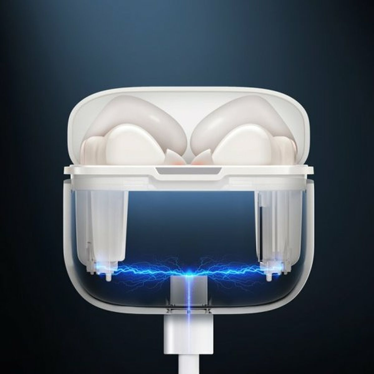 Auricolari wireless bianchi in una custodia di ricarica. Fulmini blu appaiono nella custodia durante la ricarica.
