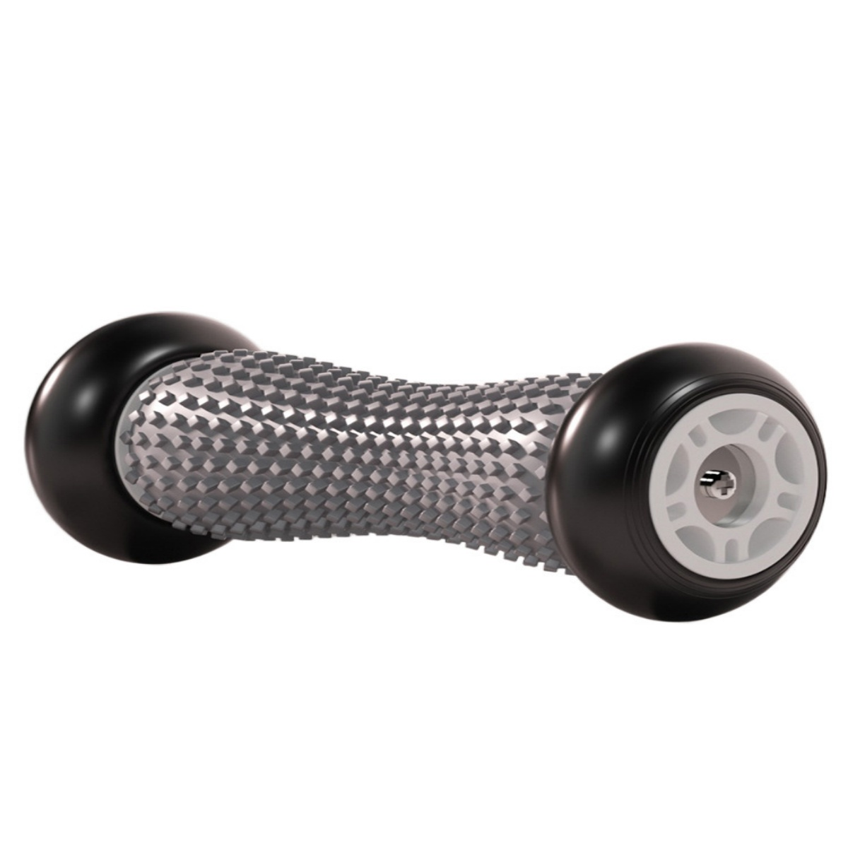 Graue Massage-Rolle mit schwarzen Enden, für Fußmassage, auf weißem Hintergrund.