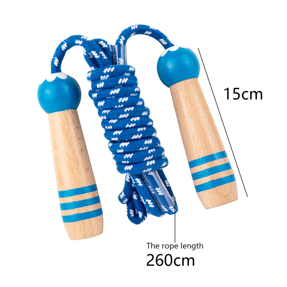 Ein blau-weißes Springseil mit Holzgriffen.