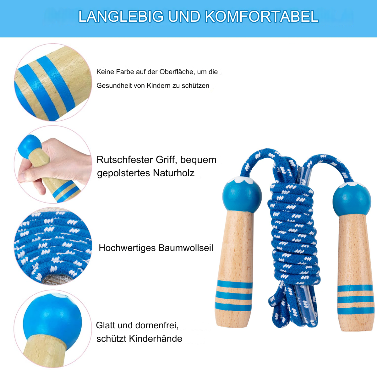 Holz-Springseil mit blauen Griffen und blau-weißem Seil. Nahaufnahmen zeigen Griff- und Seildetails.