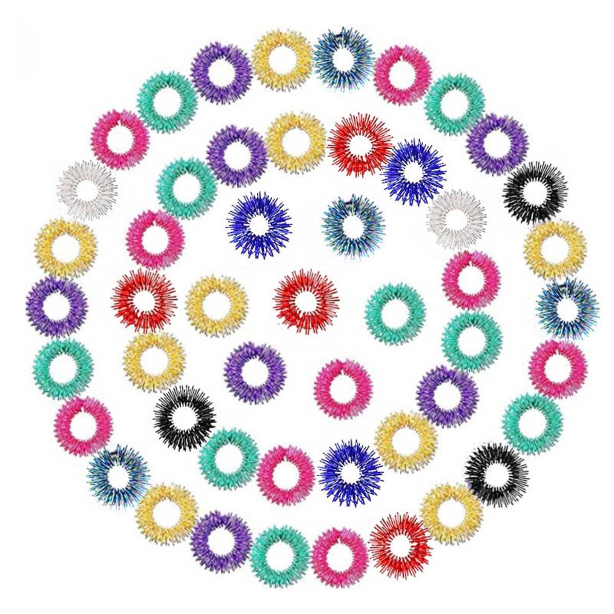 Ein Kreis aus bunten, stacheligen Ringen. Verschiedene Farben in kreisförmigem Muster auf Weiß.