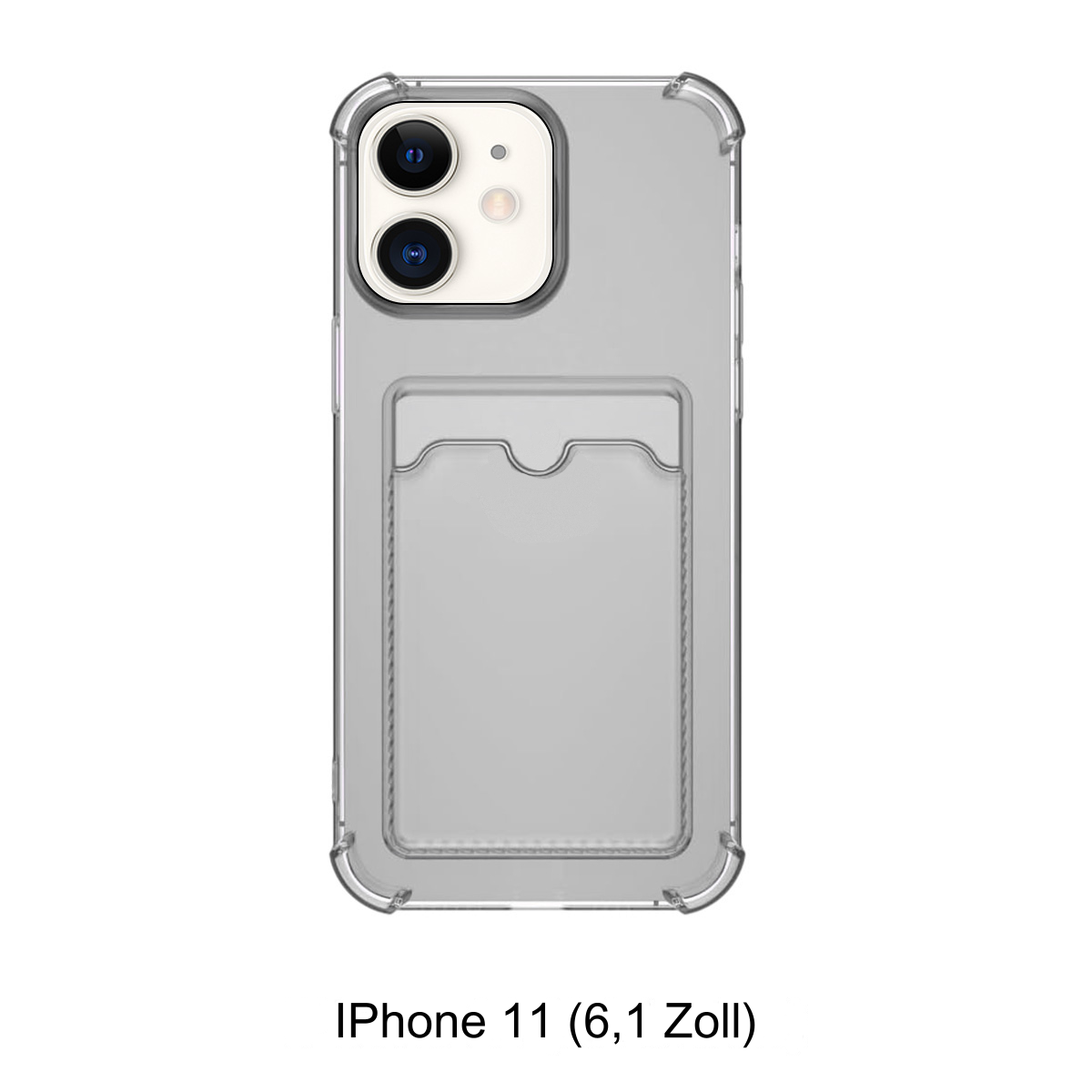 Eine transparente iPhone-Hülle mit Kartenfach. Die Hülle befindet sich auf weißem Hintergrund. Text: iPhone 11.