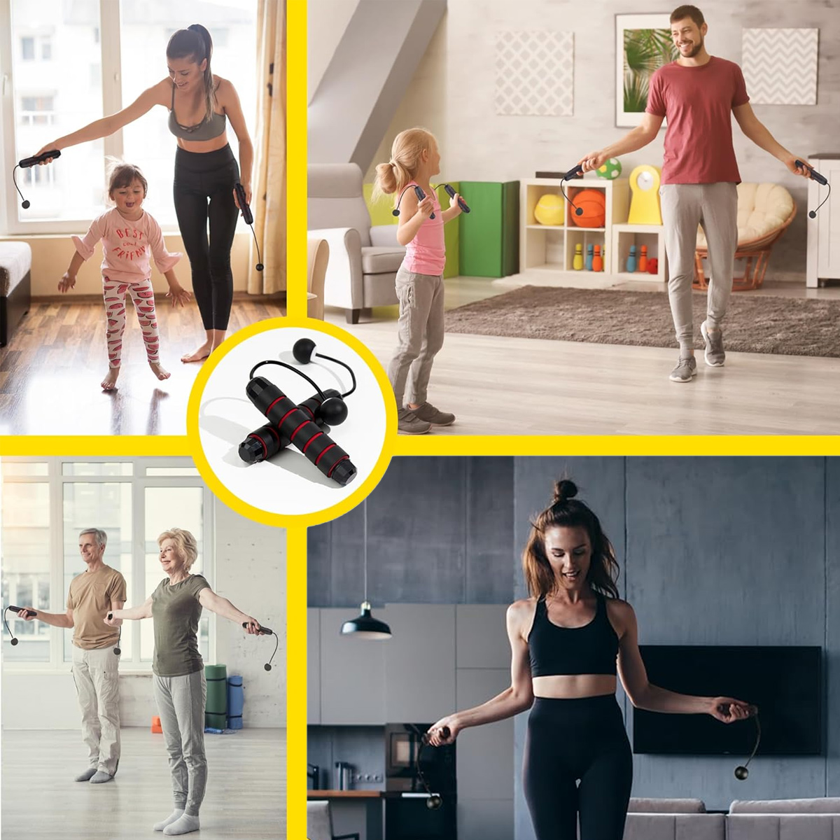 Collage von Personen, die Seil springen. Zeigt eine Familie, ein Mädchen und ein Paar beim gemeinsamen Training.