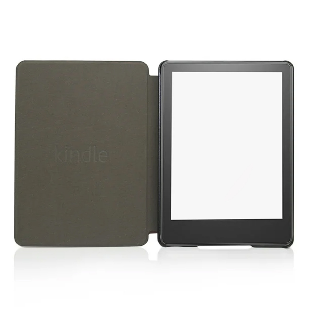 Kindle-Gerät mit geöffneter Hülle, zeigt einen leeren Bildschirm, auf weißem Hintergrund.